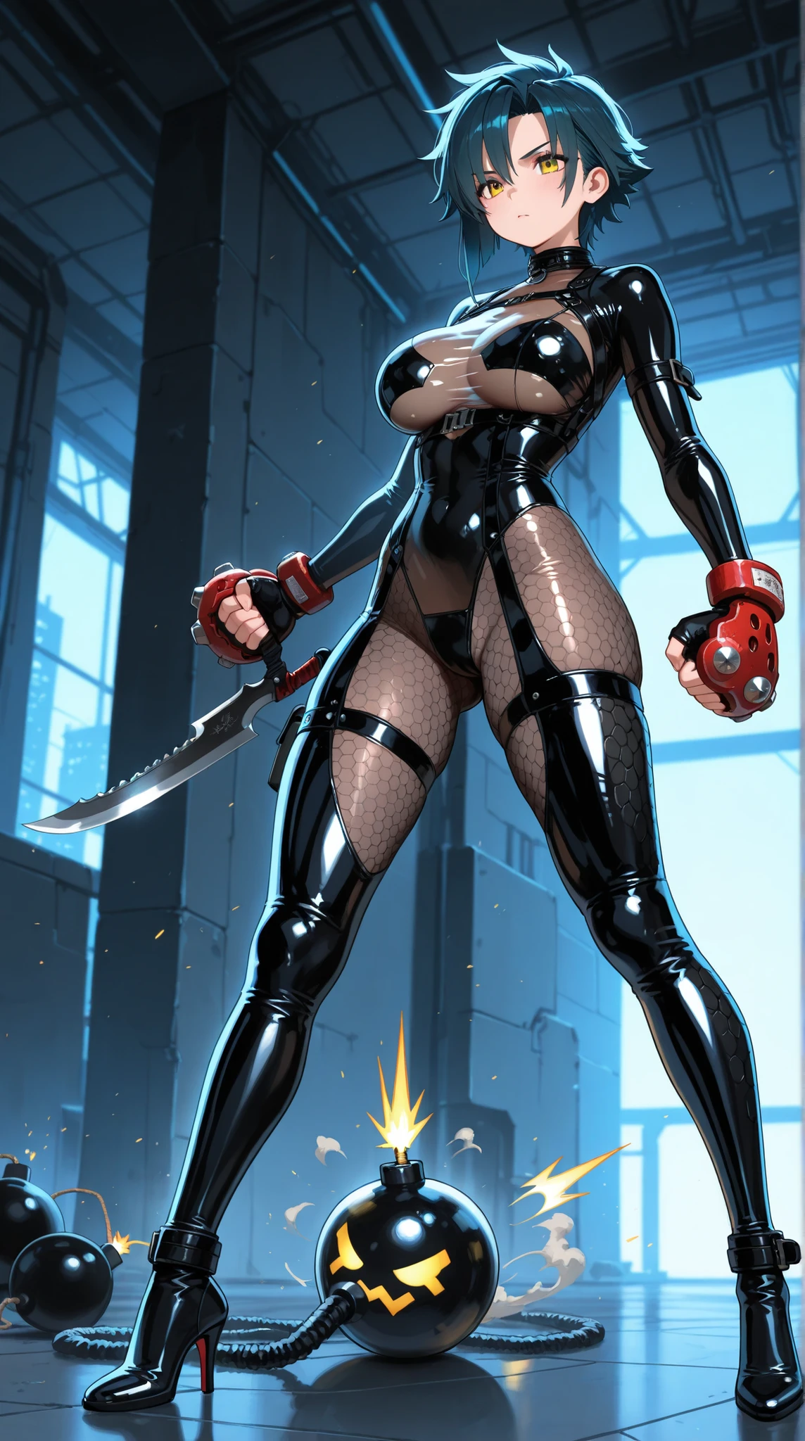 solo girl,Glossy metalic light silver tank top, tight latex shiny, Red interpolation color,Black hair bob,red eyes, camel toe, Samurai Sword,
Lift one leg,