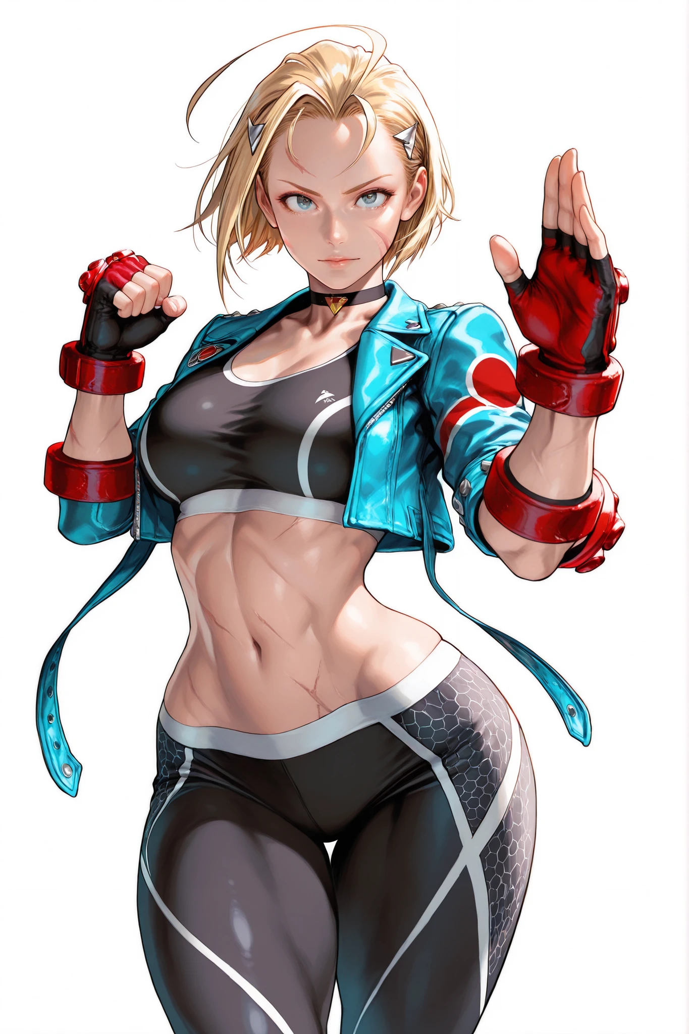 score_9, score_8_up, score_7_up, score_6_up, score_5_up, score_4_up,
BREAK
(masterpiece: 1.0), best quality, perfect anatomy, perfect composition, perfection, Realistic proportions, realistic anatomy, by Yusuke Murata
BREAK
use of shape theory, use of anatomy, defined body, defined textures, defined fabric folds.
BREAK
Elegant, graceful, amazing anatomy, perfect form, perfect face, perfect hands, correct anatomy, high res, absolutely breathtaking, color variance, color tones, color contrast, kinu nishimura
BREAK
narrow waist , wide hips , thick thighs , cammy white, blue eyes, scar on face, blonde hair, short hair, huge ahoge, choker, black sports bra, black leggins, red gloves, fingerless gloves, cropped jacket, sleeves rolled up, open jacket, blue jacket, multicolored jacket, very cute face , fighting stance , white background , looking at viewer , dynamic pose , cowboy shot , hair ornament ,