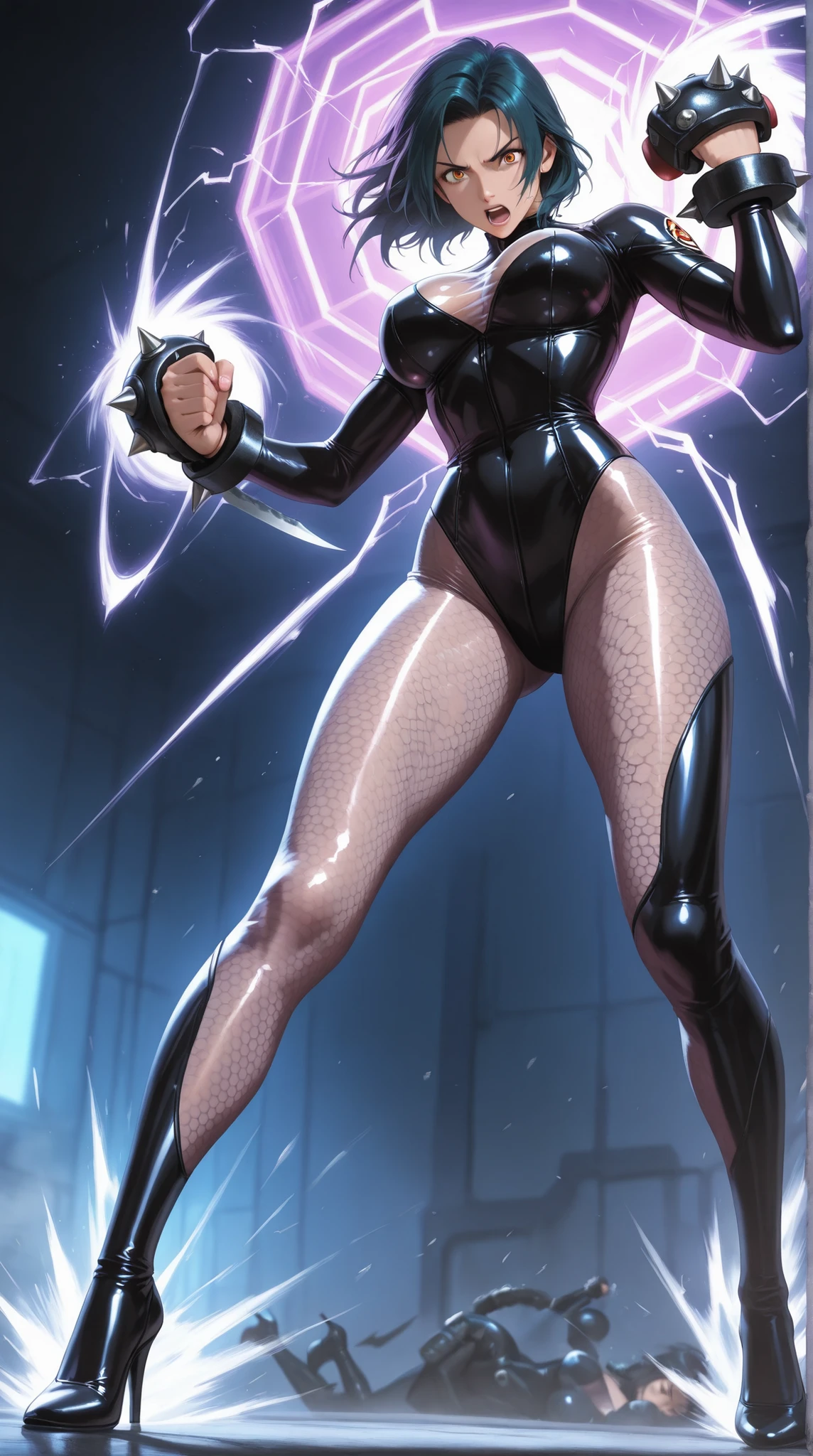 1girl,solo,super detailed skin,shiny skin,expressionless face,pale purple hair,short hair,swept bangs ,large breasts,bodysuit,(ninja clothes:1.2),fishnet ,arm up,jumping ,lightning,simple background,masterpiece,best quality,ultra detailed,high resolution,sharp focus,depth of field