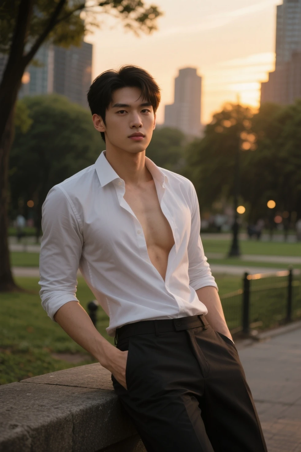 generate a master photograph describing a shapely Man, a full-body shot of a male fitness model dressed in a stylish, casual outfit suitable for a city day out, (8K, best quality), smile, no beard,clean-shaven, smooth complexion, clear features, young-looking, brown hair, black hair, (hard chest, six pack, v cut), wearing a trendy bomber jacket, fitted dark jeans, and fashionable sneakers, standing in front of an urban backdrop, such as a brick wall or a modern building, (He has sexy hard chest, Most sexy v-cut , Most sexy six pack), Manly, Mancore, (He has fit chest, sexy six pack, sexy v-cut, extremely sexy hips), (asian skin, glistening skin, beautiful complexion), shot on Fujifilm superia, (Studio soft light, high detail, cinematic lighting, rim lighting), Style: (hyperrealistic, by DynastySeries FashionNova, photo, {{{masterpiece photography}}}, analog photograph, professional fashion photoshoot, trending on artstation, synthwave, krrrsty), Quality: (photographed, masterpiece, highest resolution), Definition: (highres, sharp focus, 8k uhd, ultra photo-realistic resolution), Film: (80 mm, shot on portra 120, shot on Fujifilm), Resolution: (extremely detailed, (sharp focus:1.5), cinematic lighting, dramatic lighting, ultra photo-realistic), luxury:    