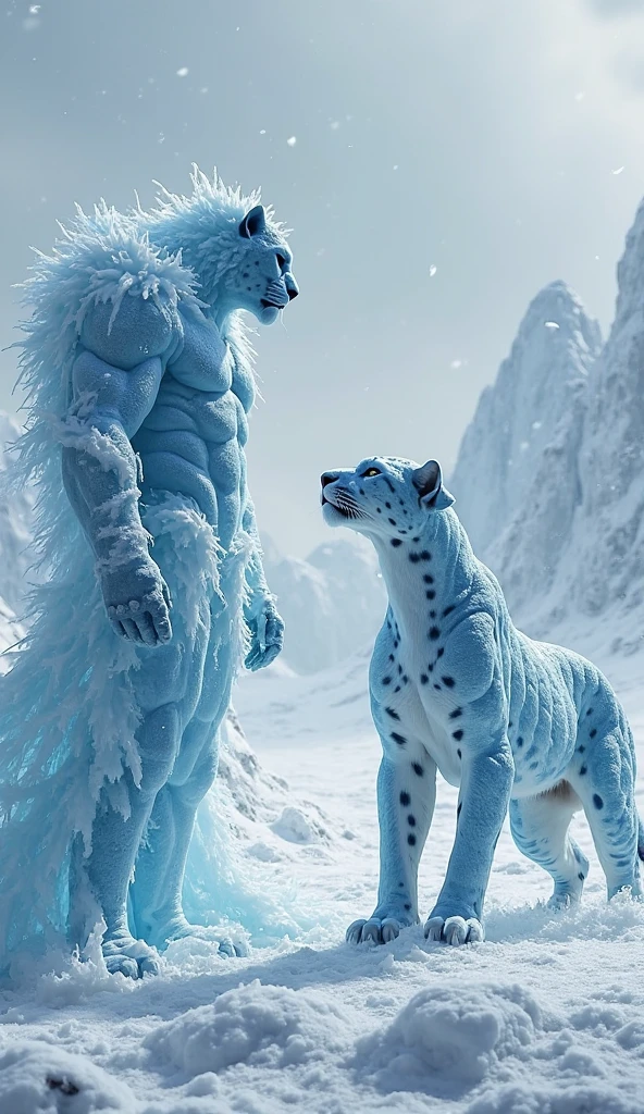 Fluffy Snow Leopard、Fat Snow Leopard、Hairless head、Animal snow leopard face、Fluffy white fur all over the body、Boyish physique、Wild male snow leopard、Backwards pose、Snow Leopard&#39;s Back、Composition from behind、Fluffy back、White Ass、Long white hair all over the body、Fluffy body、Face with mouth wide open、tongue、Anime eyes that shine like sapphires、Very long and profuse armpit hair、Sharp Fangs、Snow Leopard Tail、Alpine background、Snow-covered fir tree、Snow Leopard Toe Claws、Sharp Claws、A composition that captures the whole body、Cliff-to-cliff jumping pose、Floating pose、