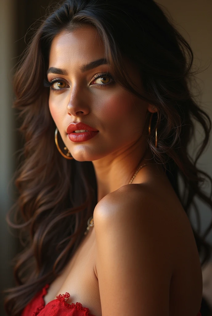 Ultra HD resolution,artistic photos,Professional Photography,Shiny red LED Background ((21 year very sexy girl, earrings, long brunette messy wet hair, cold ultra realistic skin, wearing a long blue bedazzled dress with cutout details)), exposed cleavage, posing like a super-model, on open deck on a cruise, at night sky , raining, smiling at viewer, natural red lips, attention to detail