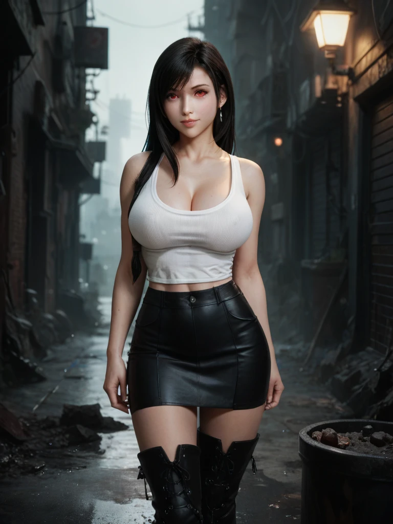 official art, unity 8k wallpaper, ultra detailed, beautiful and aesthetic, masterpiece, best quality, 1girl, extremely detailed, dynamic angle, cowboyshot, the most beautiful form of chaos, elegant, a brutalist designed, vivid colours, romanticism, by james jean, roby dwi antono, ross tran, francis bacon, michal mraz, adrian ghenie, petra cortright, gerhard richter, takato yamamoto, ashley wood, atmospheric. Tifa lockhart, long black hair, red eyes, hair bangs, (white tank top:1.5), black miniskirt, suspenders, stockings, (huge breasts:1.5), cleavage, in a modern industrial apartment, brick wall, one girl, 1 girl, thin waist, wide hips, exposed abdomen, toned abs, toned arms