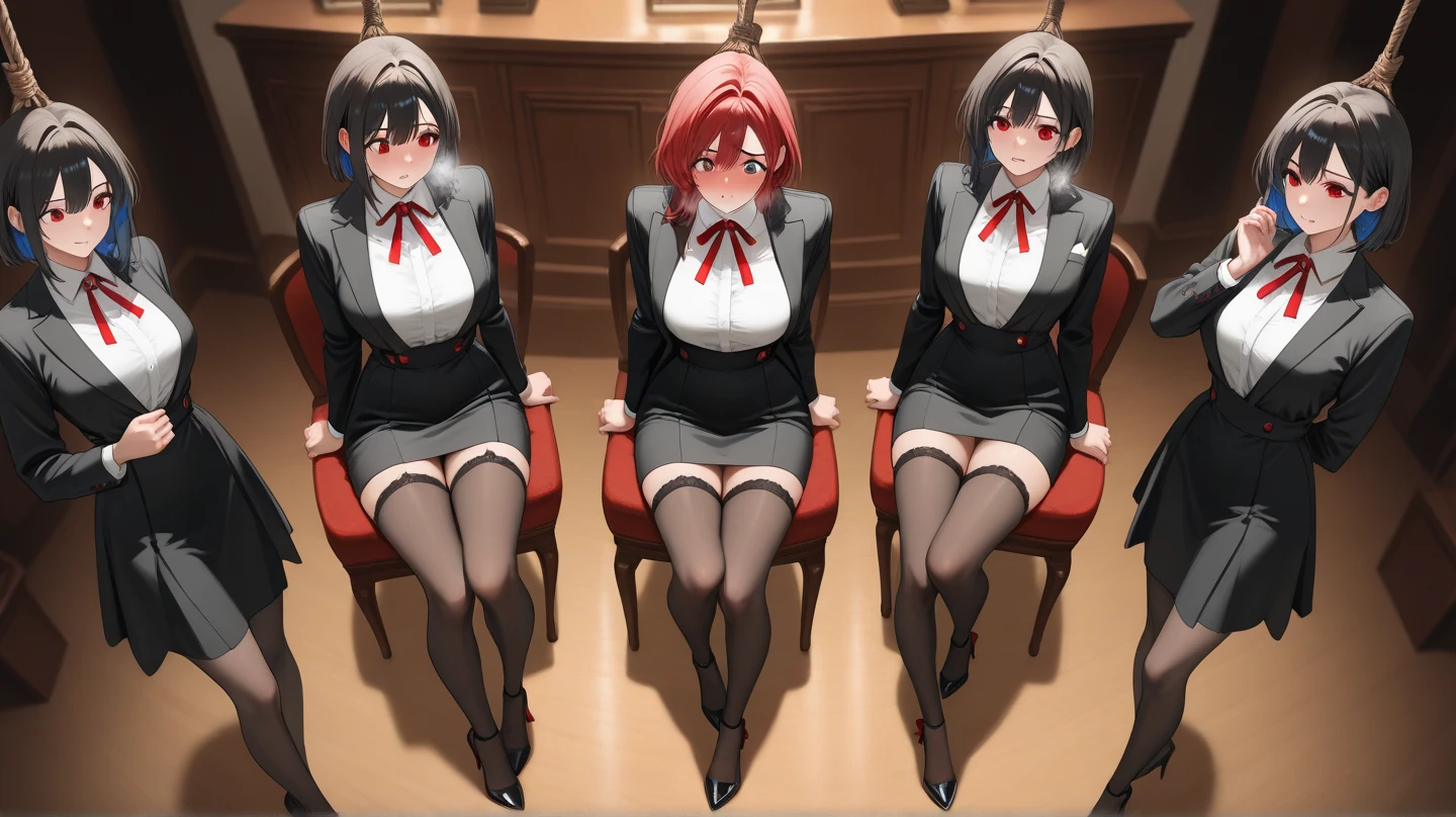 four sexy women who are wives of 4 years old boy, looking at camera, cute smiles, portrait, various hair, teachers outfits, stocking, kneeling