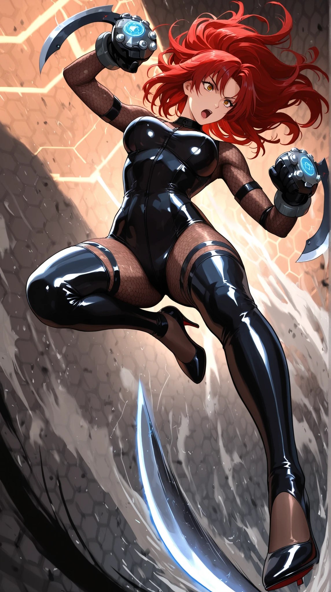 (((COMIC STYLE, CARTOON ART))). A comic book-style image of Black Widow, with her as the central figure. She is on the move, jumping from one building to another, her hands holding two pistols. She wears a black outfit, with a red buckle on her waist and a red bracelet on her arm. (((hot body, sexy, sensual, camel toes))). She has short, straight red hair, green eyes and red lips. She is surrounded by a night city, with skyscrapers, bridges and lights. She has a determined and vigilant expression, as if she is ready to fight crime.
