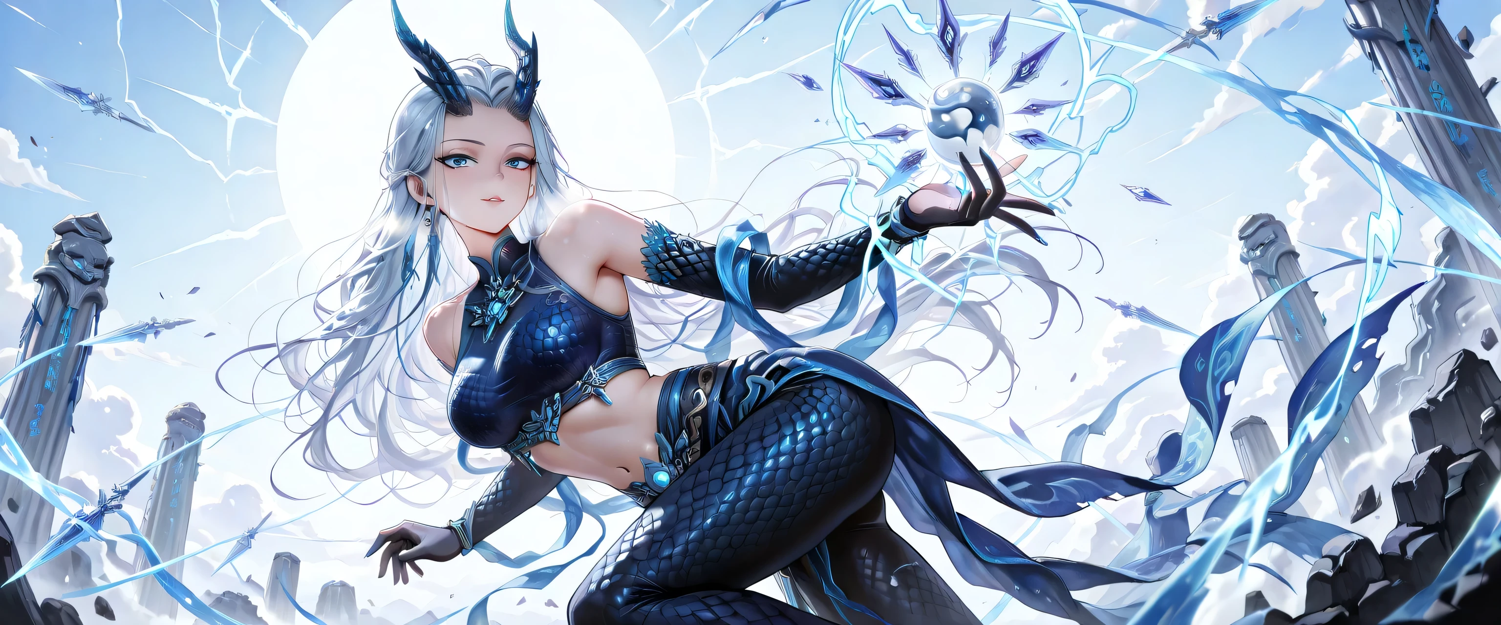 blue hair beautiful blue dragon girl with sky blue eyes, blue scale armor, skin of scales, dragon scales on skin, Au'ra, ffxiv, black leggings, full body
