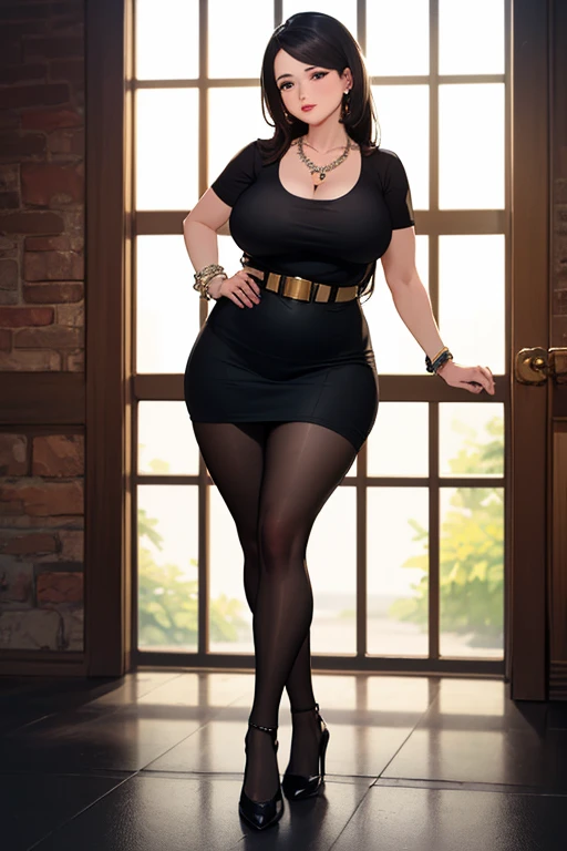 a drawing of a sexy full-length pin up leaning on a wall, a door next to her brick wall and chipped paint