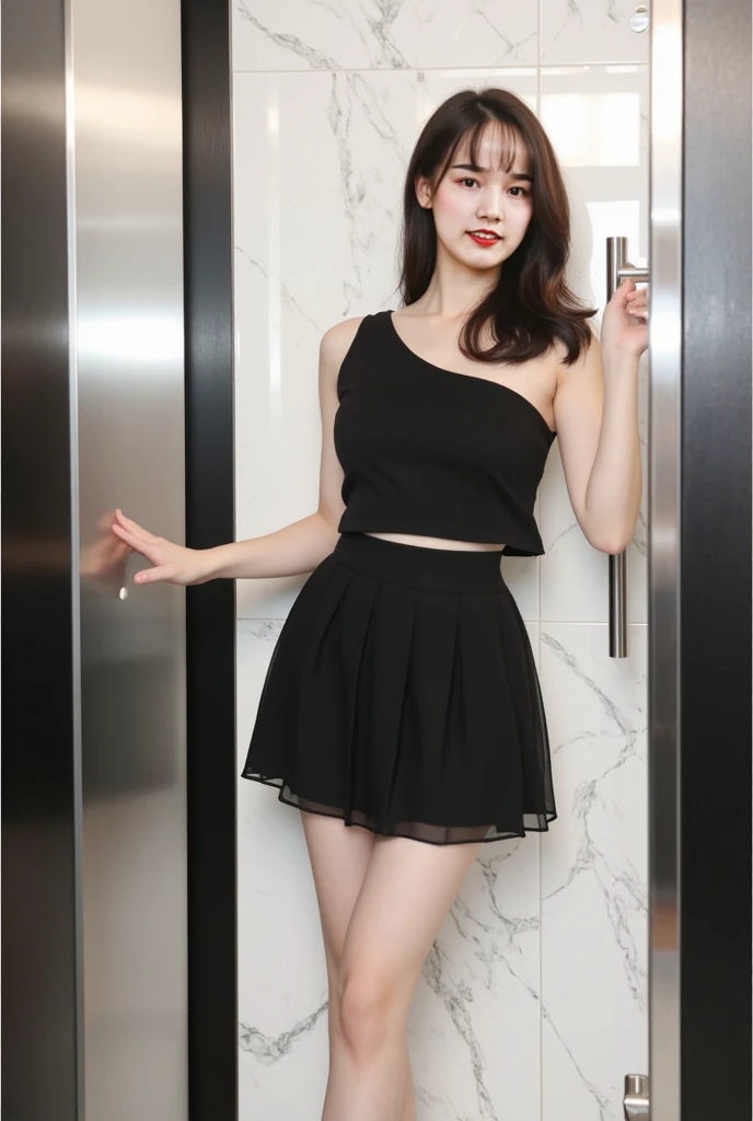Beautiful woman with perfect figure:1.4,Ultra-high resolution,White legs,Put your hands behind your back,Swimming background,Big breasts:1.6,(Realism:1.4),perspective,Layered hairstyle,Snow white skin,JK:1.5,Super short pleated skirt,whole body:1.4,Very delicate and skin texture,Double eyelids,Skin Whitening,Long hair,White hair