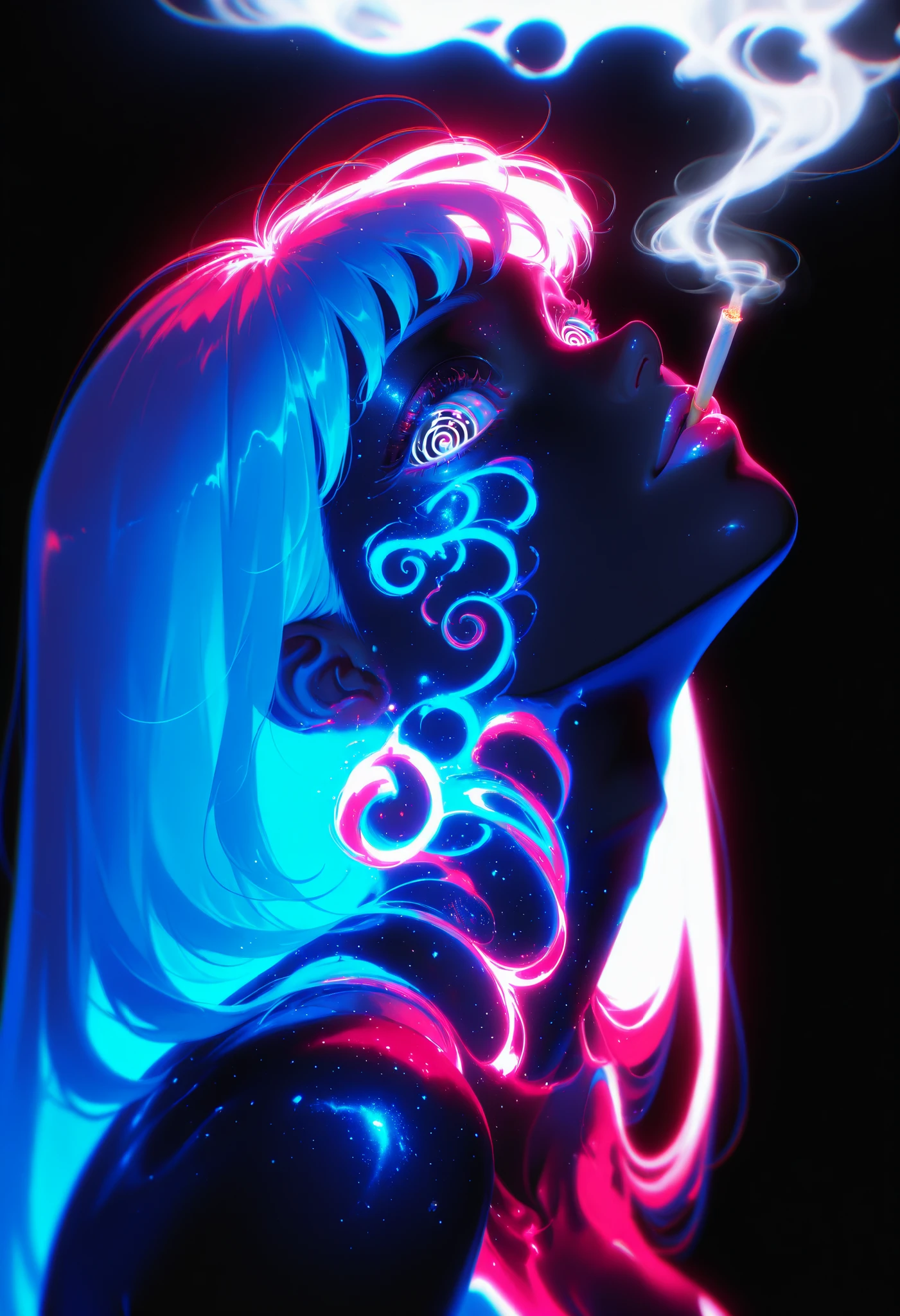 Black Silhouette Art, black background,white eyes,Silhouette of a beautiful and provocative girl with red lips from up close,half-profile ,Mariwana's cigarette emitting white smoke, limited palette , black background, colorful , Animated,brilliant contours,neon, black light ,COLORS,Spiral eyes