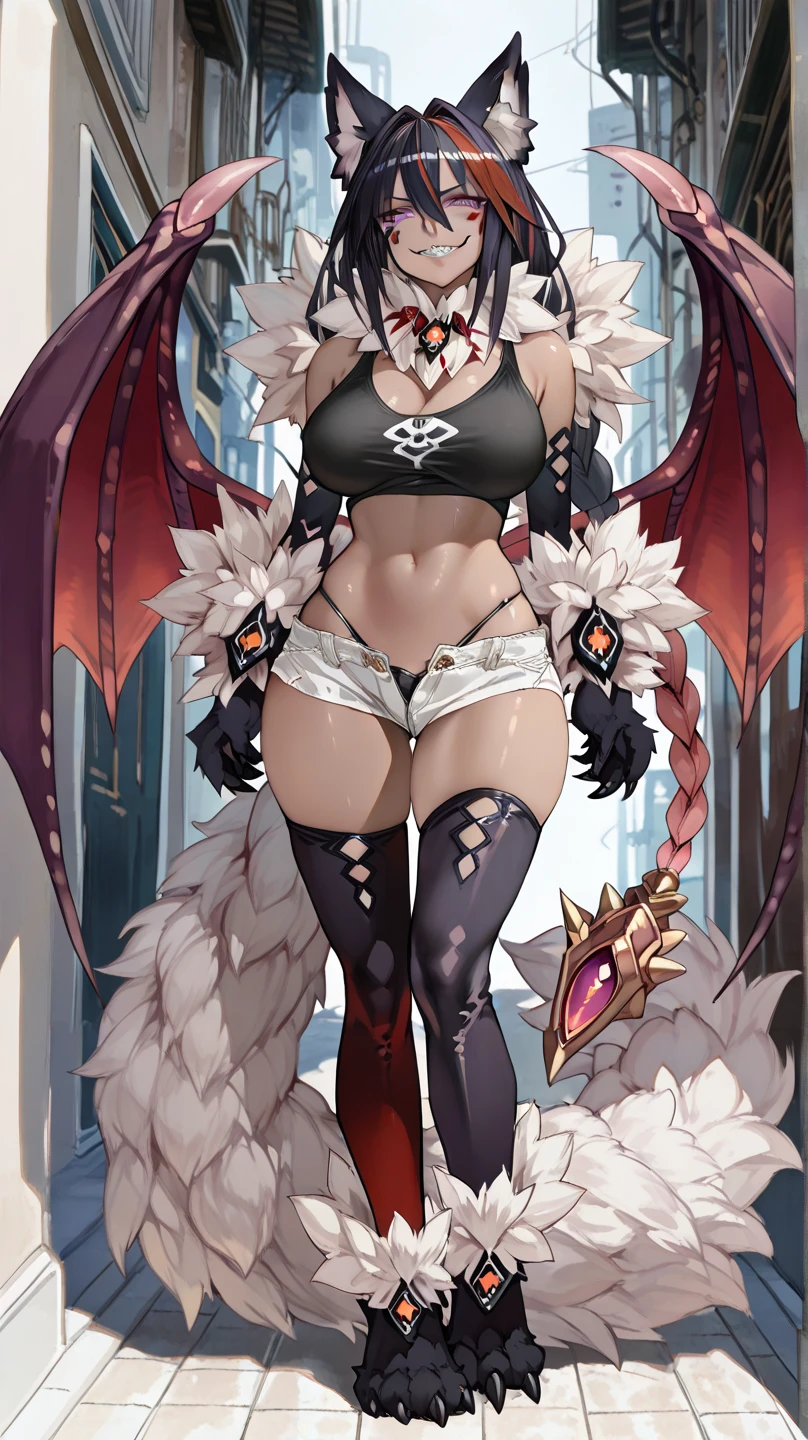 The art style needs to be WLOP. Unrealistic style. ((Best quality)), ((masterpiece)), (highly detailed:1.3), She is a succubus, a beautiful woman with a perfect body, her breasts are huge, her quad is wide, her ass is big, Her beauty attracts every man she looks at, but behind it all, she is a show that devours men, sucking their blood and becoming more powerful. The character has pink red hair, is very long, wavy and voluminous. Its clothing resembles a bat, it has a married fur with black feathers, a long cachicol with black bat feathers that goes from one arm to the other. On its back it has long torn bat wings. She wears sexy extremely detailed leather clothing that shows off her swimsuit-like belly, and on the edges of her breasts and the verilla has black bat hair, she wears a long boot with black bat feathers. The image will be used for reference as a model sheet for 3d modeling, the head and feet need to be visible, need to put a representation of front and back in the same image.