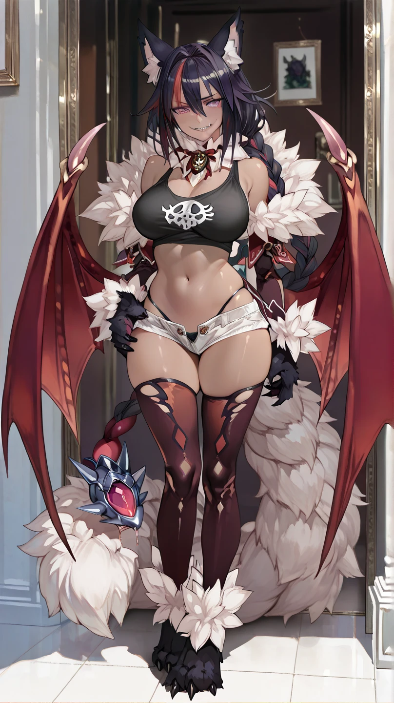 1girl, solo, albedo overlord, white_horns, slit pupils, (demon horns), ((black hair)), (black feathered low wings wings), huge_breasts, full body, eye patch, sexy, ((Ghislaine Dedoldia outfit)), ((fur-trimmed jacket)), ((green pants)), ((open fly)), (open belt), (bikini top only), red choker, Full body
