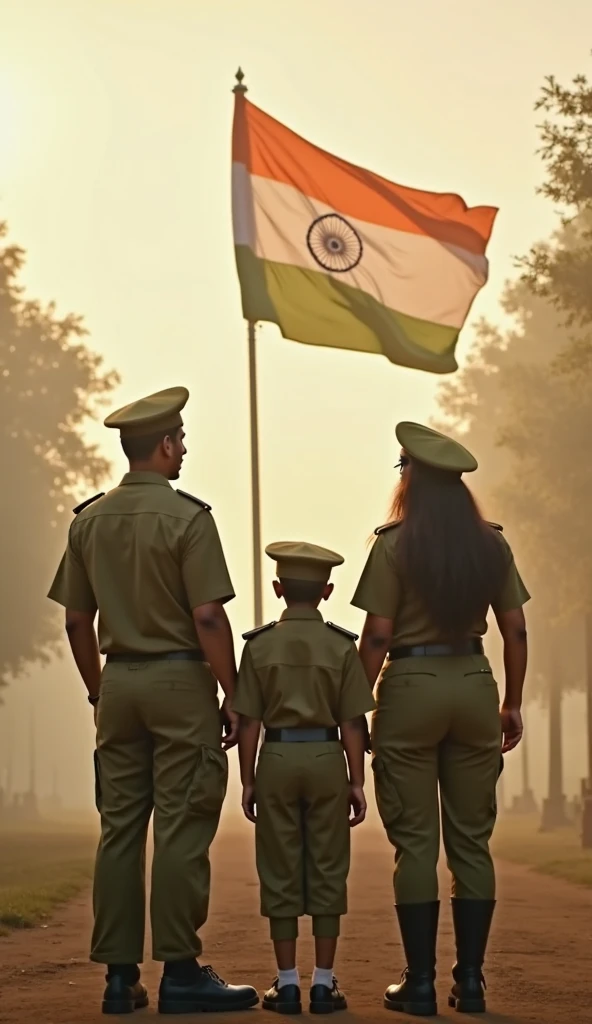 There is an little cute 2-3 year old boy and girl sit on land with indian flag . they wear jersy with name INDIA. There are also indian soldier sit in land and hold indian flag and gun.
There are 8 to 10 more men and women in the background and wear Jersy with name INDIA on it . There are more small Indian flags in the background. The map of India is also visible faintly in the background with orange color . All the characters are Indians. Image look like real.