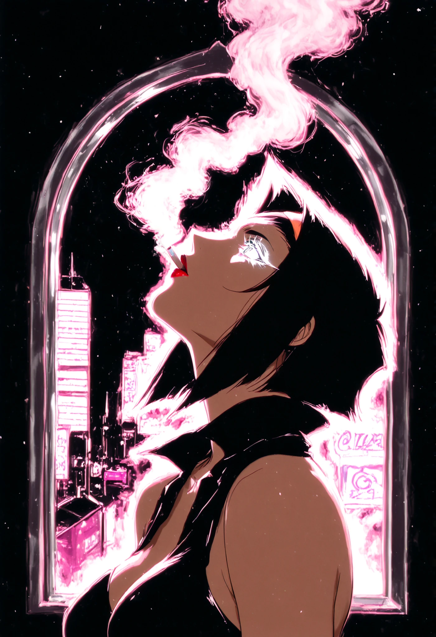 Cowboy Bebop, Black Silhouette Art, black background,white eyes,silhouette of a beautiful and provocative girl with red lips from up close,half-profile ,Mariwana's cigarette emitting white smoke, limited palette , black background, colorful , Animated,brilliant contours,neon, black light ,COLORS,Spiral eyes,window with a view of a futuristic city with neon signs
