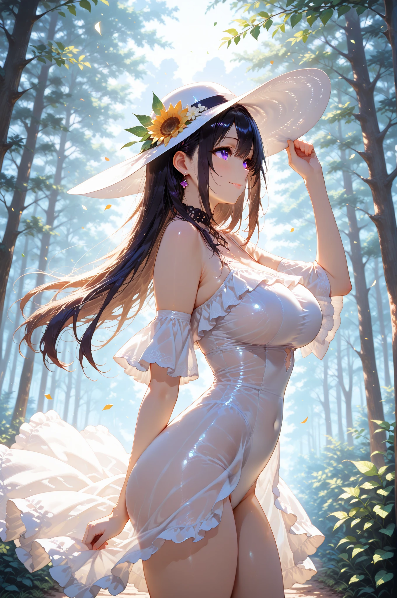 Ranni the witch (blue hair) lifting up her skirt (sheer white gown) and pinching her nipples (small breast) while resting at a site of grace (dark forest background) full face blushing while sweating a lot looking at viewer with horny smile