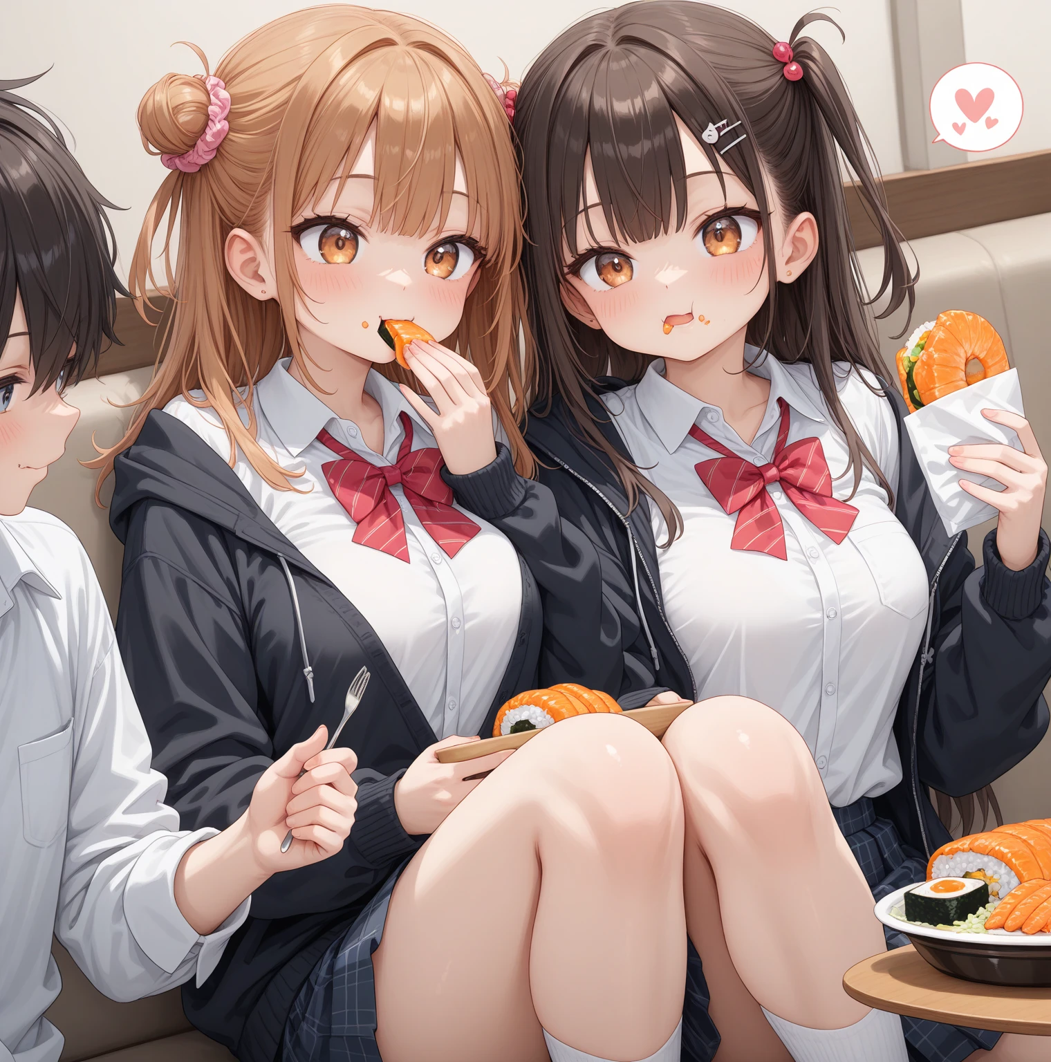 3 beautiful school girls, eating snacks eating snacks, in the school cafeteria 