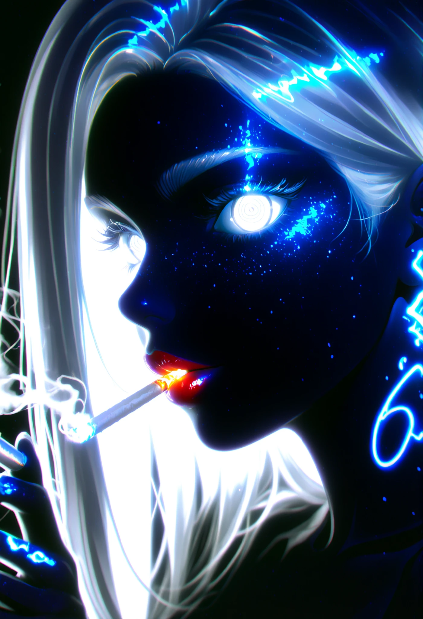 Black Silhouette Art, black background,white eyes,silhouette of a beautiful and provocative girl with red lips from up close,half-profile ,Mariwana's cigarette emitting white smoke, limited palette , black background, colorful , Animated,brilliant contours,neon, black light ,COLORS,Spiral eyes