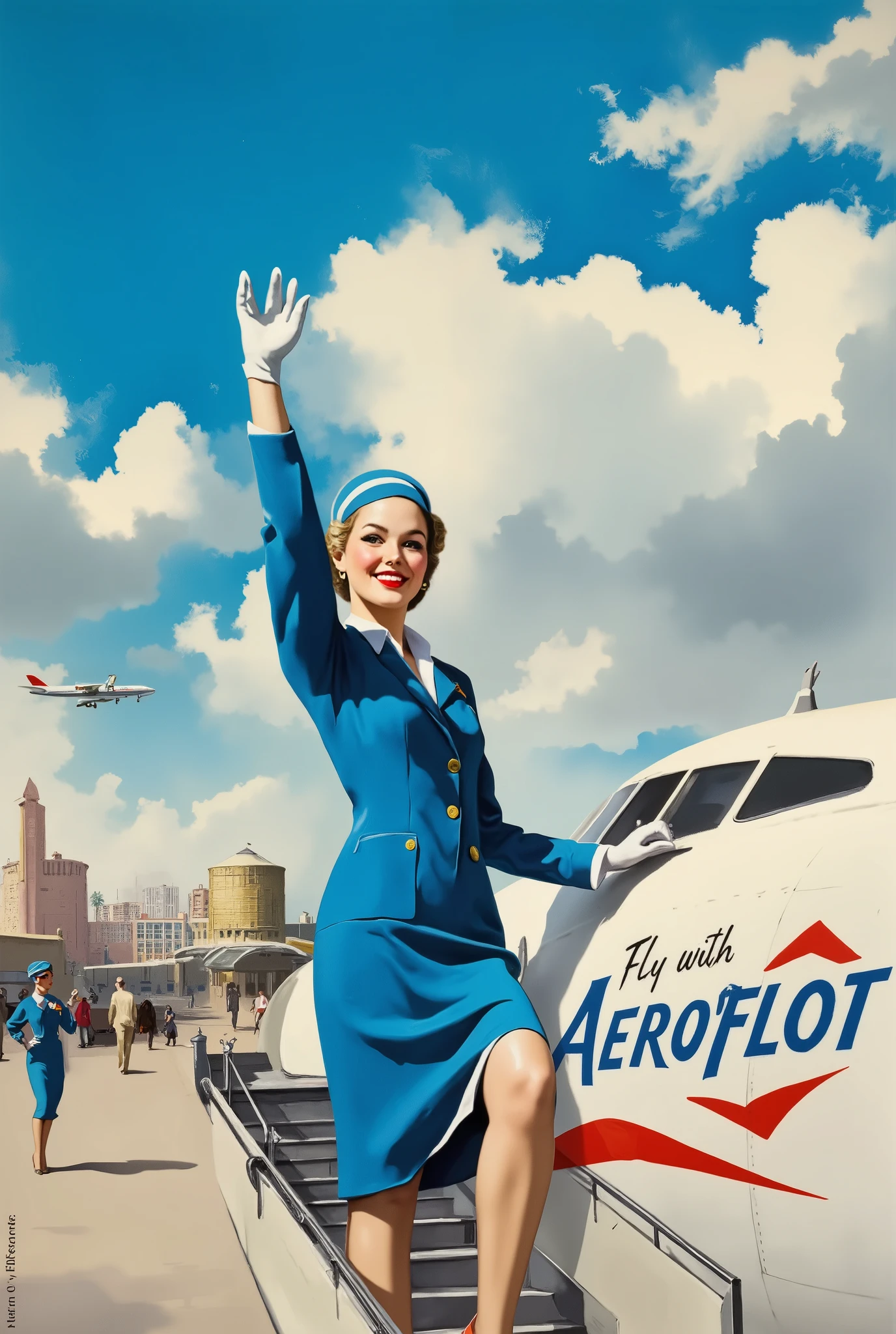 Create a bright retro Soviet pin-up poster depicting an Aeroflot stewardess from the 1960s. Add the text in large stylized font in the spirit of the USSR: "Fly with Aeroflot planes!".A very young, beautiful, slender girl in a classic Aeroflot uniform: a blue jacket with gold buttons, a pencil skirt, a white blouse and a neat cap. Her pose is playful and elegant — she smiles happily and waves her hand in greeting, standing on the plane ramp. The background is the fuselage of a Tu—104 aircraft with the Aeroflot logo. The airport building is visible in the distance. All this against the background of a beautiful azure clear sky with creamy white clouds. The style is rich in colors, soft shadows, and light grain, like vintage posters. The general mood is optimism, the romance of flying and a slight hint of coquetry, but within the framework of Soviet aesthetics.