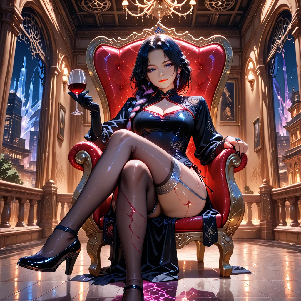 Maitresse vampire curvy tatouage sur le visage assise sur un trone et a ses pieds des esclaves vampires