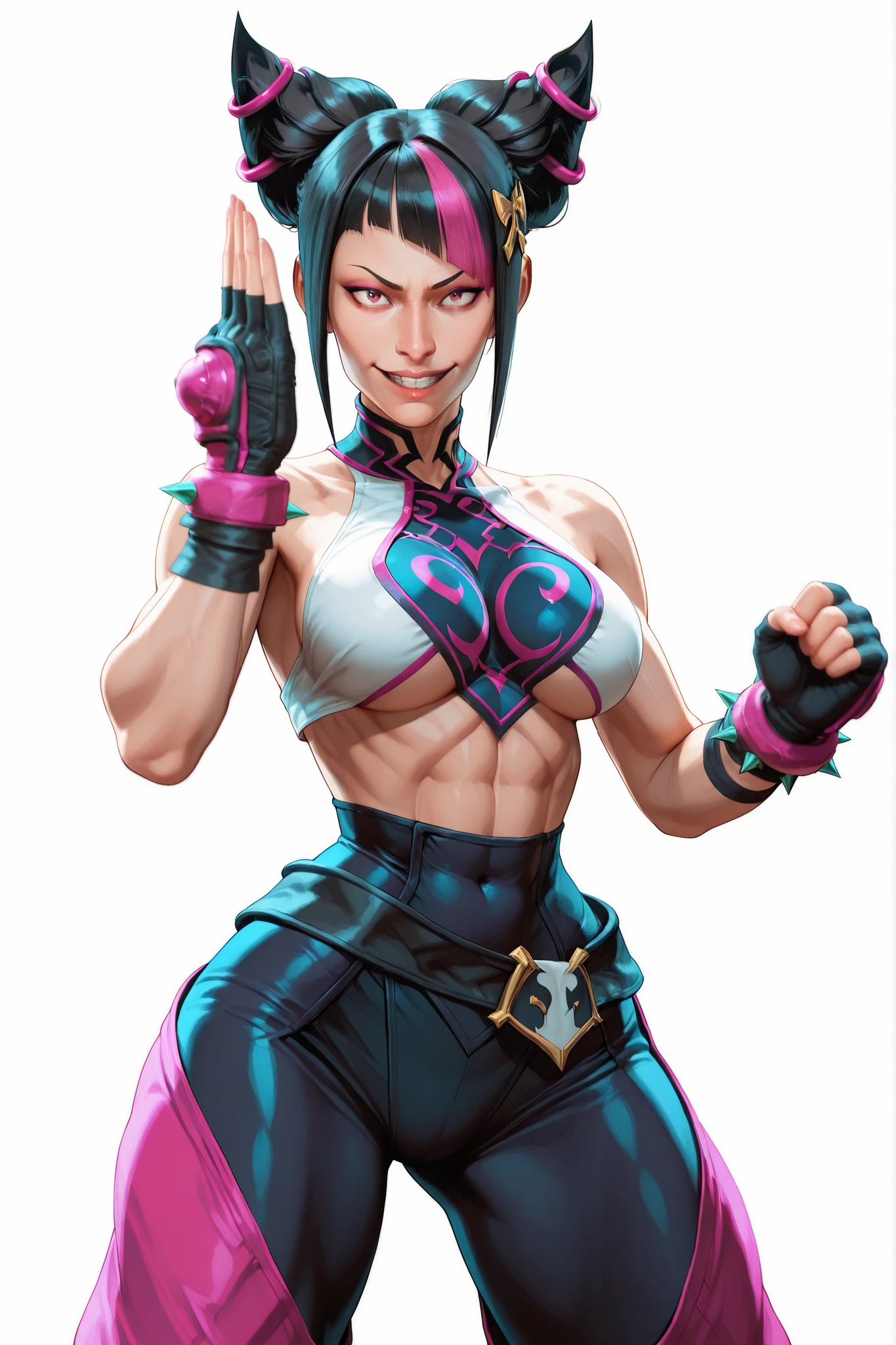 score_9, score_8_up, score_7_up, score_6_up, score_5_up, score_4_up,
BREAK
(masterpiece: 1.0), best quality, perfect anatomy, perfect composition, perfection, Realistic proportions, realistic anatomy, by Yusuke Murata
BREAK
use of shape theory, use of anatomy, defined body, defined textures, defined fabric folds.
BREAK
Elegant, graceful, amazing anatomy, perfect form, perfect face, perfect hands, correct anatomy, high res, absolutely breathtaking, color variance, color tones, color contrast, kinu nishimura
BREAK
narrow waist , wide hips , thick thighs , 1girl , very cute face , Han Juri, black hair, Juri han (street fighter) , evil smile , fighting stance , white background , looking at viewer , dynamic pose , cowboy shot , hair ornament ,