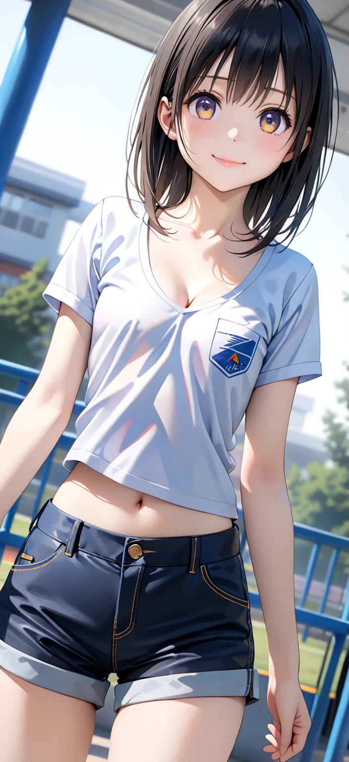highest quality、Realistic、female、14 years old、zoom、Chestnut Hair、Blue Eyes、short hair、athlete、White polo shirt、White pleated skirt、athlete、muscle、Abdominal muscles、Glasses、Sunburned、Tan、Brown Skin、From below、Jump、smile、Looking down、、Small breasts、Bust Shot、