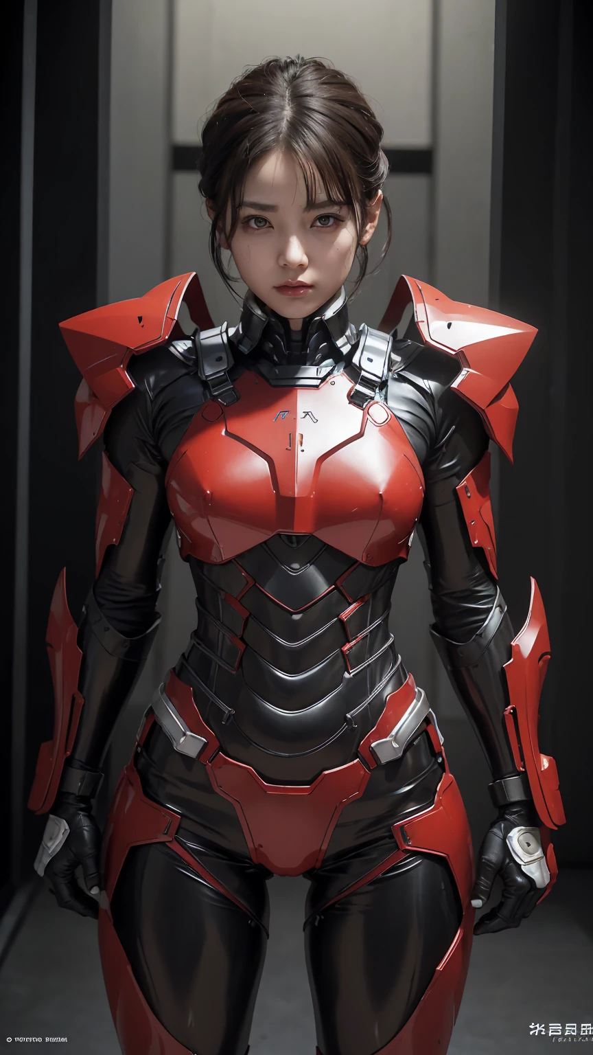 Textured skin, Super Detail, Attention to detail, high quality, 最high quality, High resolution, 1080P, hard disk, beautiful,(War Machine),beautifulサイボーグ女性,red and black mecha cyborg girl,BATTLE MODE,Girl with a mechanical body(armor red 7、black 3 ratio),She is wearing a futuristic combat weapon mecha、Very Short Hair、Brown eyes、Sweaty face、Tired look、 Open your mouth Sexy Eyes Steam coming out of the head Kneel Full Face Destroyed combat uniforms Heavily damaged armor Sweaty face Woman with distressed expression completely and partially destroyed