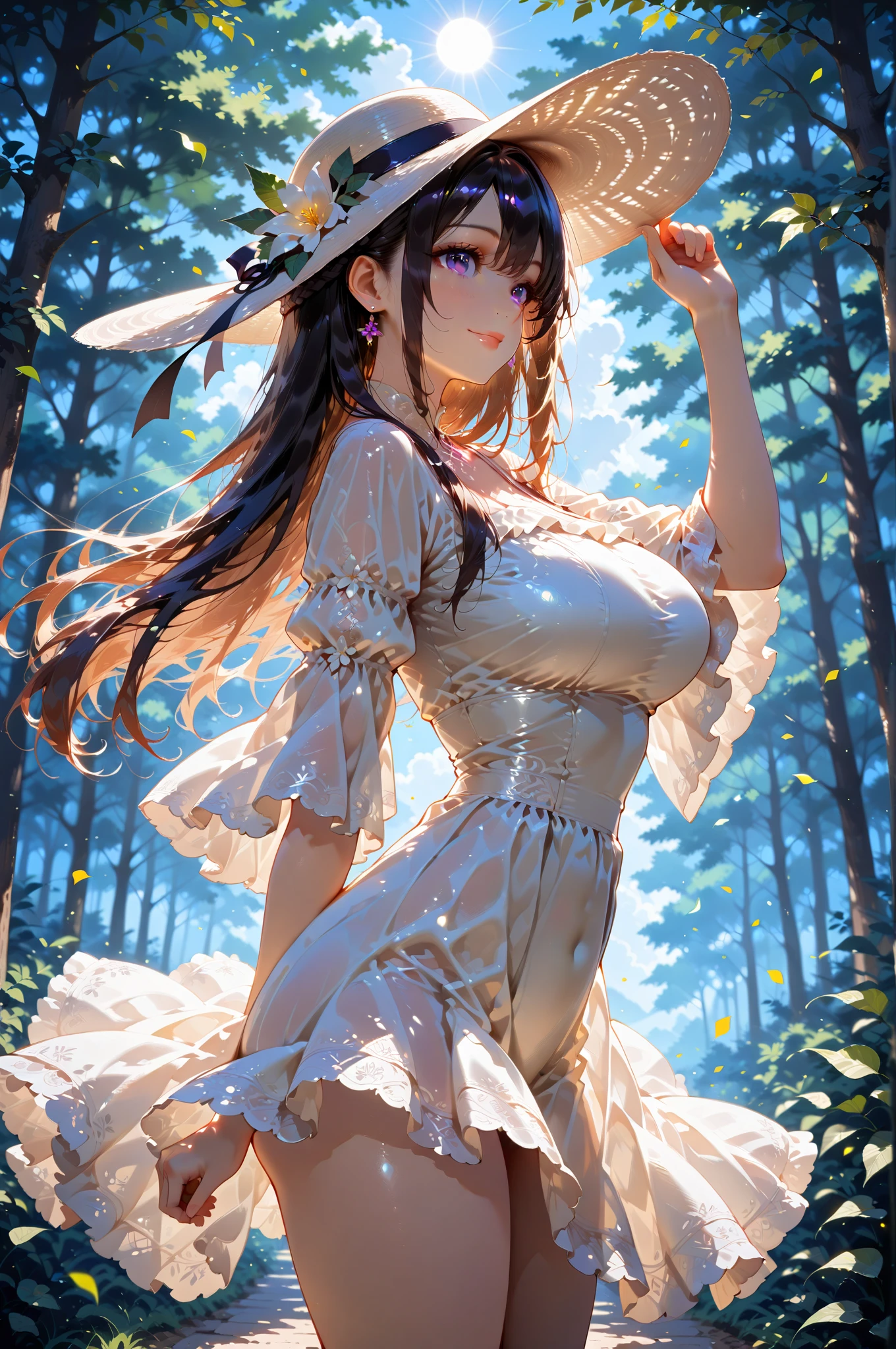 cute girl, standing, (field of seed flowers spread out under the rows of cherry blossom trees in full bloom:1.4), masterpiece:1.4, best quality:1.4, 8k, CG, photorealistic:1.37, beautiful ultra-delicate (hair, eyes, face, hands, wisteria):1.2, long straight black hair, flowing hair, beautiful detailed fluffly crop top(under boob), beautiful detailed fluffly pure white dress skirt(show panties:dutch angle:1.2), high heels, side view, wide eyes, ultra delicate pupils, bright eyes, shining eyes