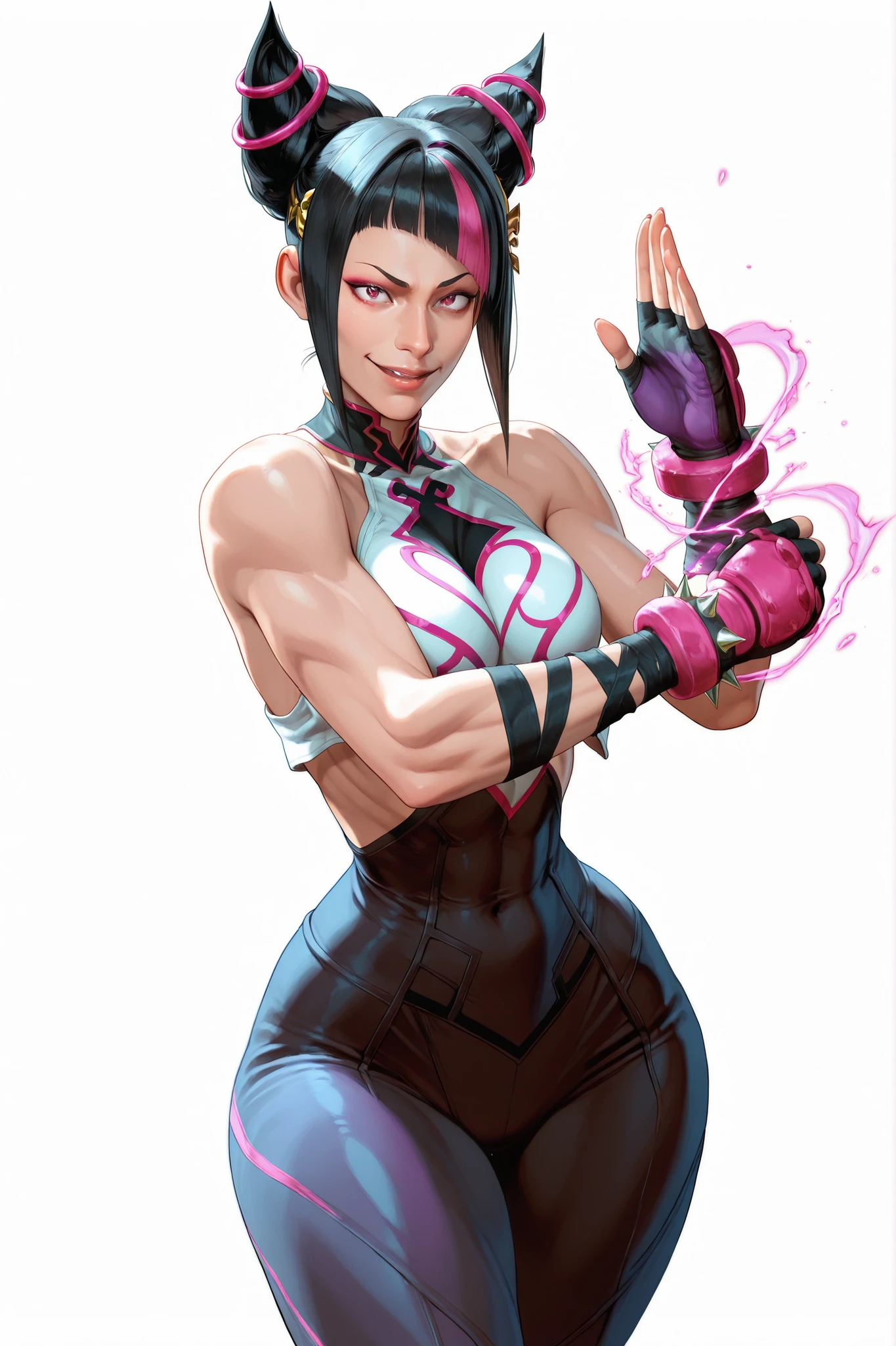 score_9, score_8_up, score_7_up, score_6_up, score_5_up, score_4_up,
BREAK
(masterpiece: 1.0), best quality, perfect anatomy, perfect composition, perfection, Realistic proportions, realistic anatomy, by Yusuke Murata
BREAK
use of shape theory, use of anatomy, defined body, defined textures, defined fabric folds.
BREAK
Elegant, graceful, amazing anatomy, perfect form, perfect face, perfect hands, correct anatomy, high res, absolutely breathtaking, color variance, color tones, color contrast, kinu nishimura
BREAK
narrow waist , wide hips , thick thighs , 1girl , very cute face , Han Juri, black hair, Juri han (street fighter) , evil smile , fighting stance , white background , looking at viewer , dynamic pose , cowboy shot , hair ornament ,