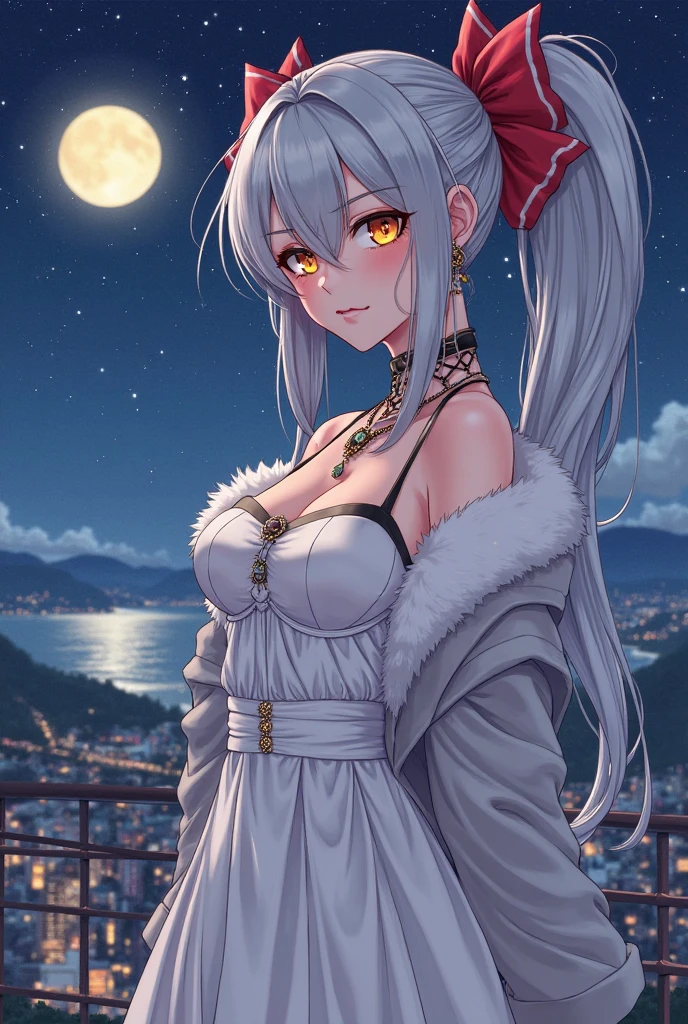 (masterpiece), best quality, expressive eyes, perfect face,mature woman,cleavage,large breasts,white and black evening gown,(bare shoulders),(bare arms),expressionless,city street,(night:1.1),soft shadows,(starry sky:1.1),cowboy shot,long sleeves,snow,winter,hand up, braid, very_long_hair, earrings, tassel, grey_hair, jewelry, hair_ornament, hair_over_one_eye, bangs, long_hair