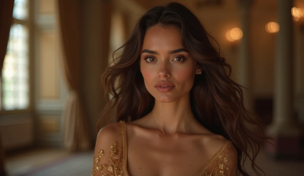 Photoshoot of a graceful and enigmatic beauty, reminiscent of Anya Taylor-Joys ethereal charm, dressed in an elegant Art Deco-inspired gown. The setting is an opulent, lavish ballroom bathed in golden, Art Deco-style lighting, creating dramatic yet sophisticated shadows and reflections.