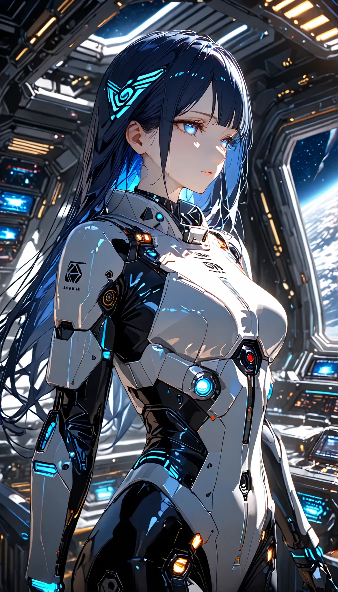 Breathtaking beauty, ultra high quality, 8k, Detailed animation of a cyborg drifting through space, from side:1.331, sharp gaze, A stunning mix of humans and machines, Futuristic Spacesuits:1.331, Cyberpunk style futuristic space helmet:1.6, カメラレンズのようなsuper preciseな瞳, eyes are composed of multiple lenses, The eyes shine clear, power tubes connect to joints, surrounded by intricate metal parts and biomechanically reinforced parts, Fusion of organic tissue and advanced technology, semiconductor circuits fill the body, has a sophisticated sci-fi aesthetic, super precise, Movie Lighting, Ultra Realistic Textures, space station observation deck, on the, Hyūga_Hinata's/Boruto, Dark Blue Hair, Long Hair, Pale White Pupiless Eyes.