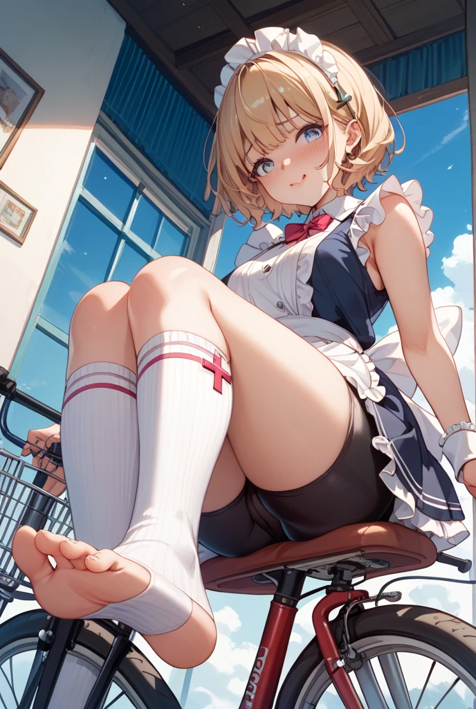absurdres, highres,
BREAK
looking at viewer, cowboy shot, (from below:1.5)
BREAK
(vivid-color:1.3)
BREAK
(one girl:1.3), (loli:1.2), blond hair, blue eyes, (school uniform:1.5), (cleavage cutout:1.4), (front-tie bra:1.2), hairclip, earrings, jewelry, nm1, hair ribbon, (short hair:1.5), (Red Check pleated super short skirt:1.4), (thighs:1.3), large breasts, (evil face:1.3), open mouth, (breast:1.3), round eyes, (blowing in the wind:0.5), sweat around girl, dripping sweat, (((Very pretty panties))), (foot foucs:1.3), looking down, looking at viewer, perfect foot, ass, (large ass:1.3), (squatting, open leg wide:1.5), from below ceiling, pov, (shiny skin:1.1), squall (wind:1.2), sense of speed, refreshing breeze, motion blur effect, wind
BREAK
background is (school:1.3), (Stand in the center of the screen:1.3), blue sky with clouds, outdoors, (magnificent panorama view:1.2), wind
BREAK
sunlight, magnificent view, rainbow in the sky, light particles, dynamic angle, dutch angle, perspective
BREAK
(daytime, sunbeam:1.2), depth of field, bokeh, light leaks, (chromatic aberration:1.2), noon
BREAK