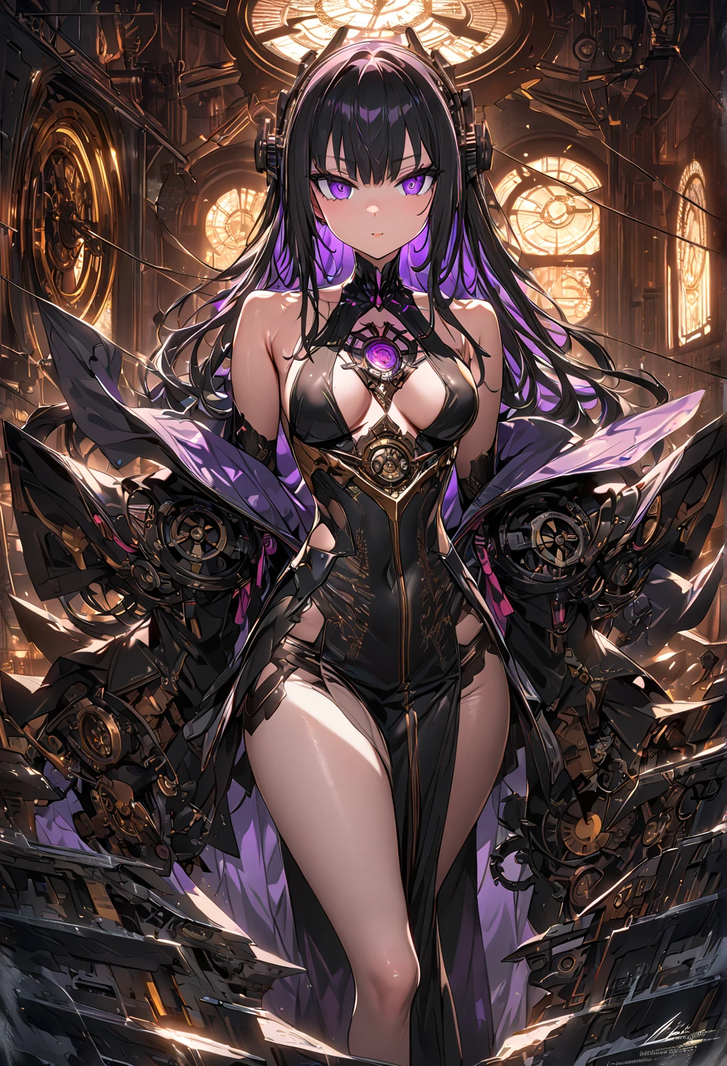 Highest quality, masterpiece, Ultra-high resolution, female、Big Breasts、High Elf、Darkness Fell、Darkness attribute、Sick Heart、Black purple hair、Sick face、Negative aura、Ready your spear、Strange line tattoos all over the body