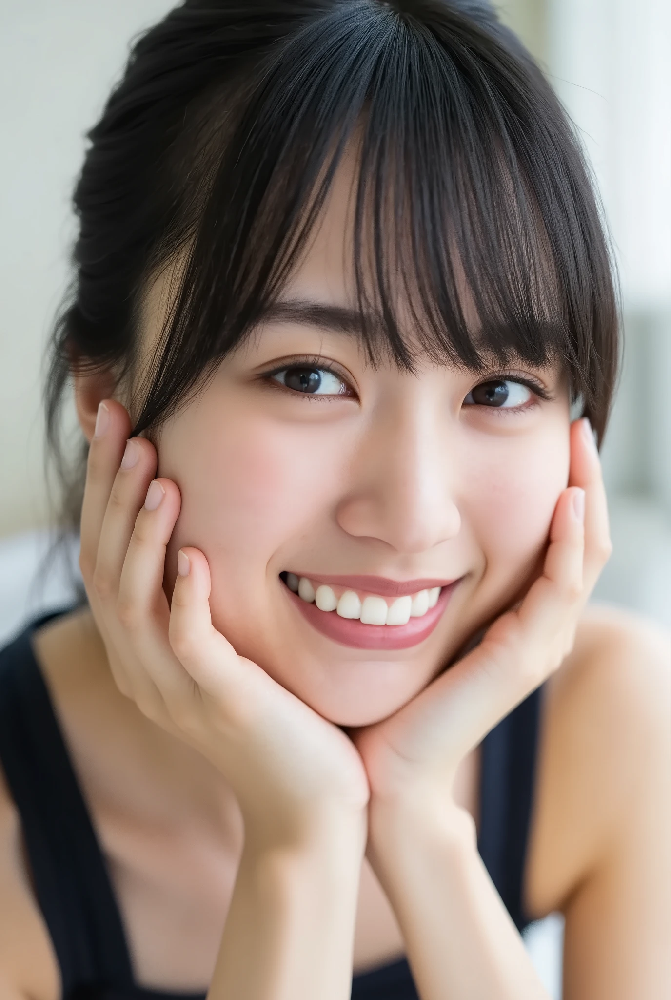 extreme close-up portrait, the girl's love-struck face filling 95% of the frame, both hands gently cupping her flushed cheeks, head slightly tilted, dreamy half-lidded eyes glowing with warmth and overflowing adoration, gaze directed lovingly straight at the viewer, irises sparkling with vivid reflections and glowing catchlights, slightly teary from overwhelming joy, lips parted in a soft, bashful smile, cheeks deeply blushing, face radiating pure happiness and affection, soft lighting, black camisole, white blurred background, ultra photorealistic, hyper-detailed facial features, masterpiece