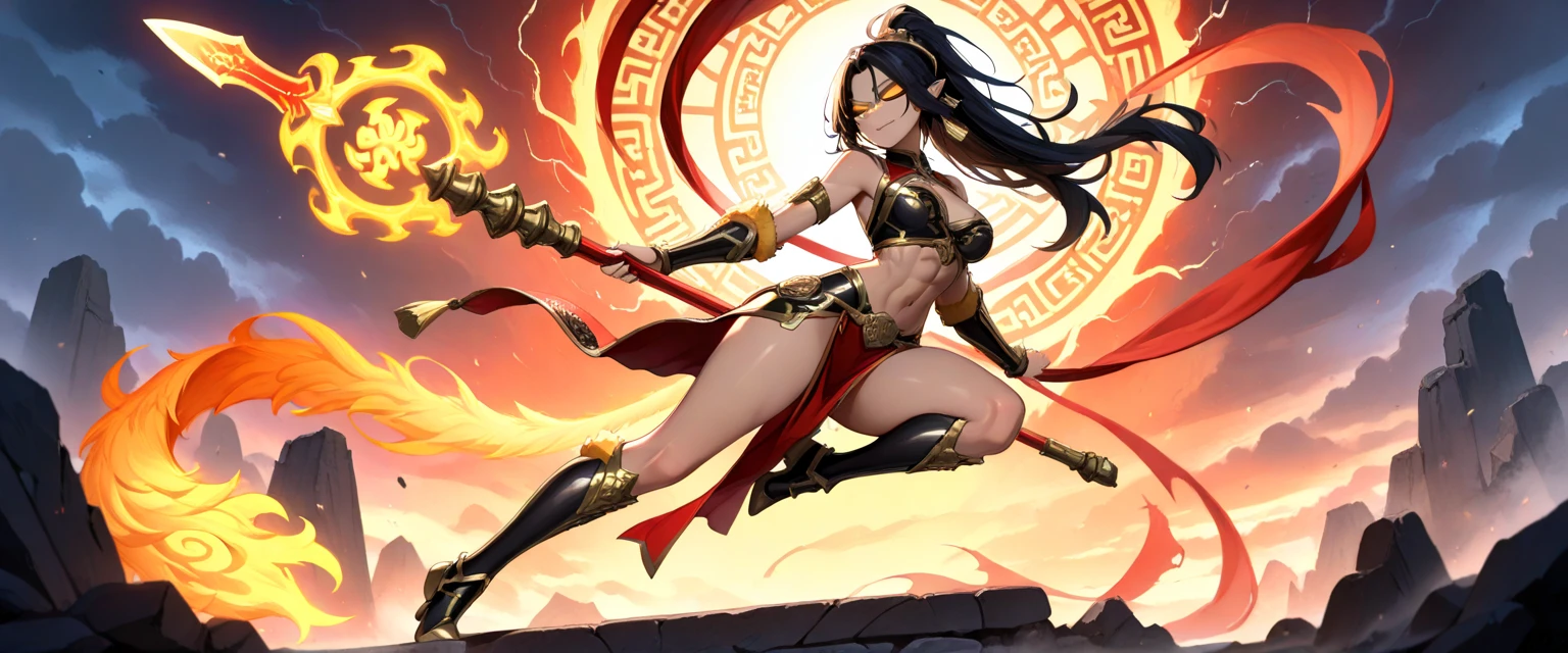 High quality 8k full body image 2.0 neutral lighting. Sensual warrior around 30 years old, big ass, dark skinned, Full lips, abundant afro-type hair, Very toned arms and legs, small waist wide hips perfect buttocks perfect big bust marked abs wearing a tight black and gold berserker armor with very intricate details, holds a flaming sword in defensive mode, His gaze reflects the experience of many battles,