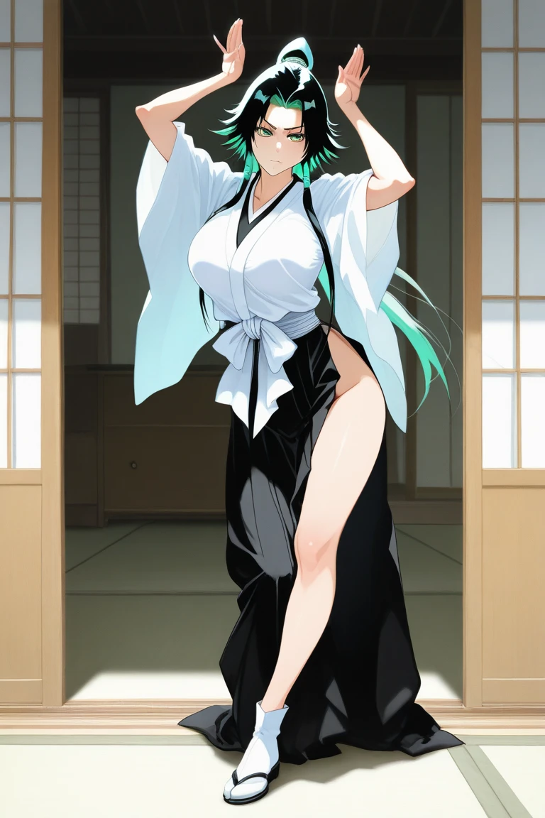 (1girl in),(High quality), (hight resolution), (Highly detailed), (in 8K),(lower body shot),Ram from Urusei Yatsura wears a white and red shoulderless kimono.),(Wearing black pantyhose)No shoes,Perfect Lighting,(Beautifully erect nipple shape:1.1),hight resolutionの美しい目,(Neutral white lighting:1.2),simple background,