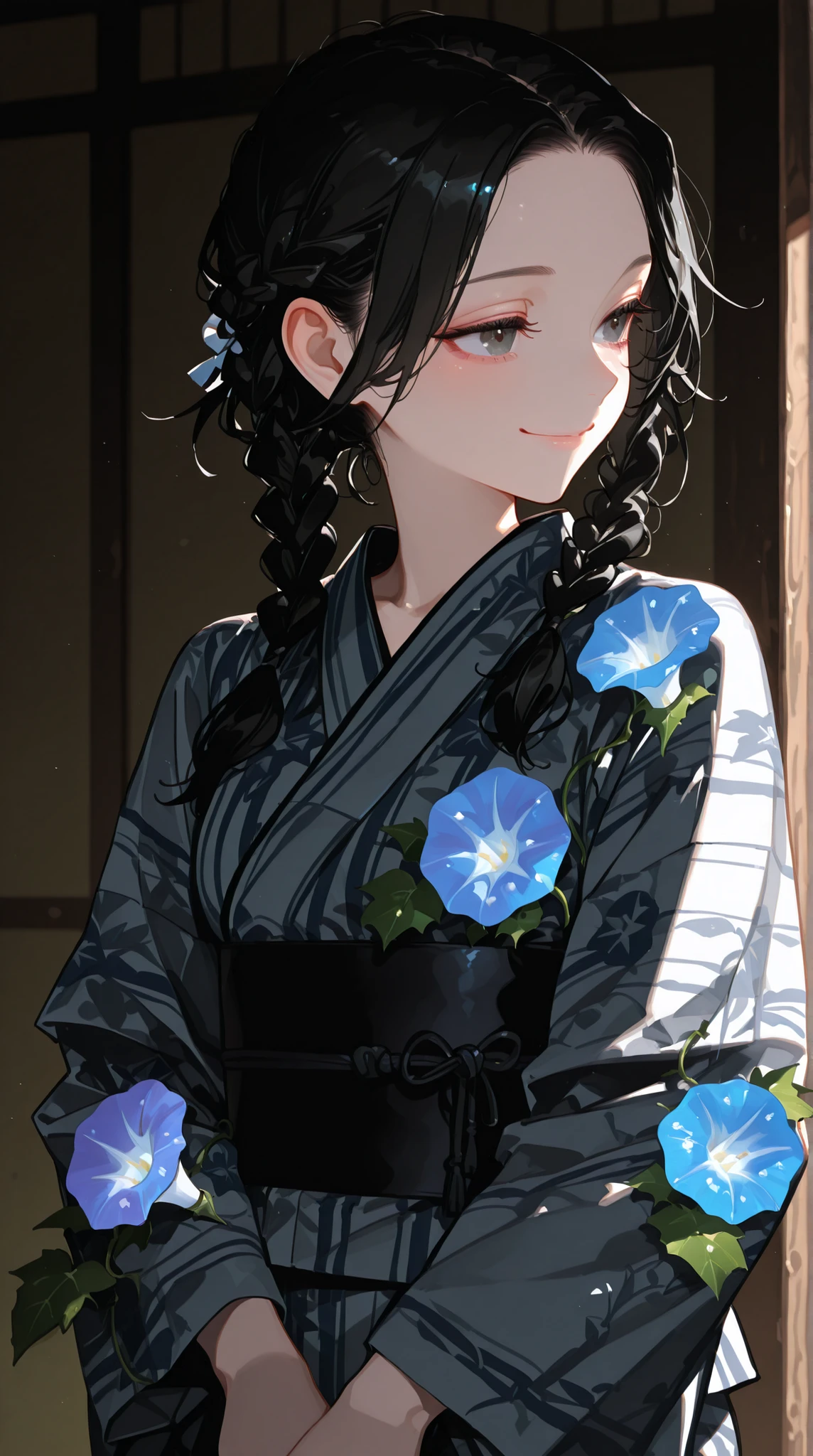 female, yukata designed with morning glory, Black hair tied with braids, Smile,
