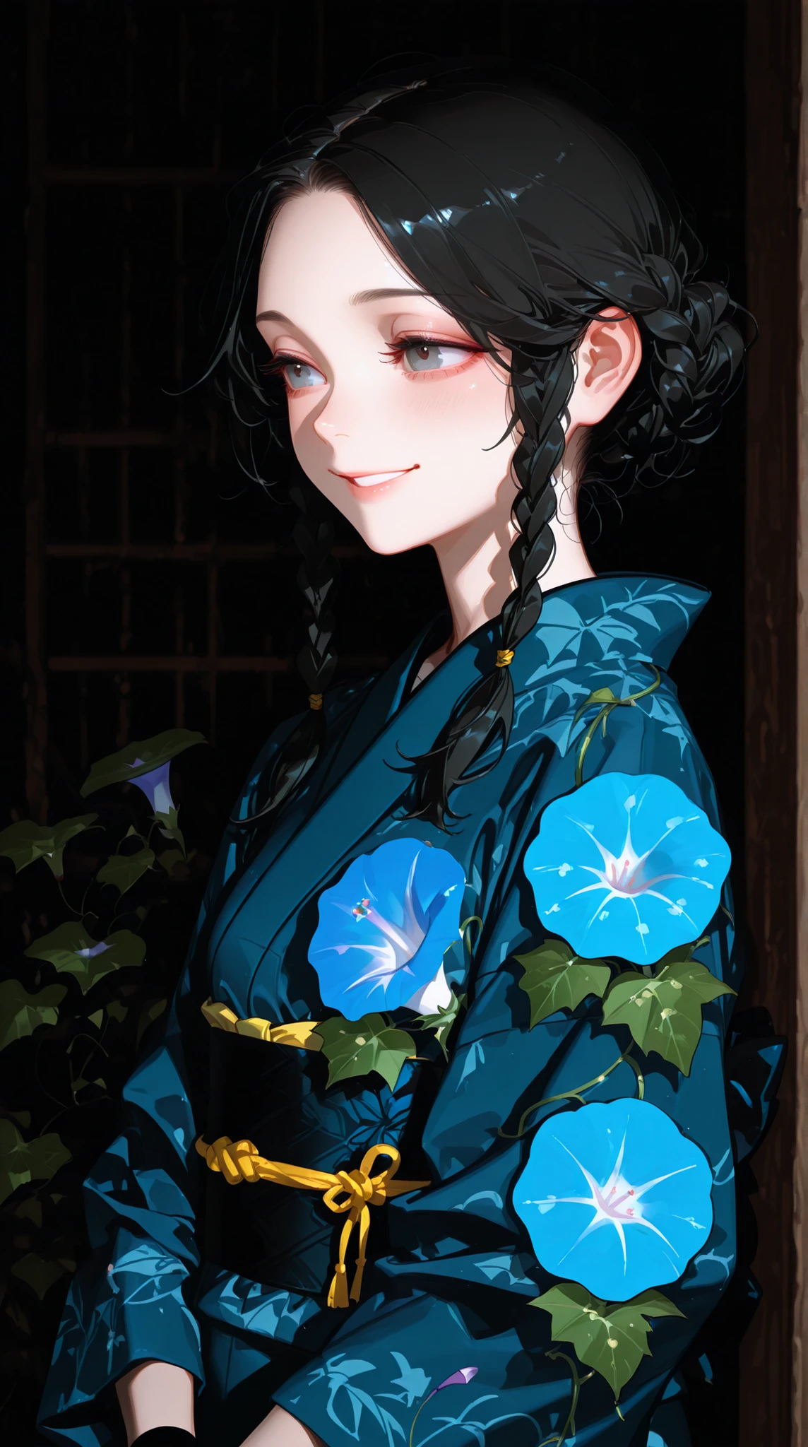 female, yukata designed with morning glory, Black hair tied with braids,  Smile, 