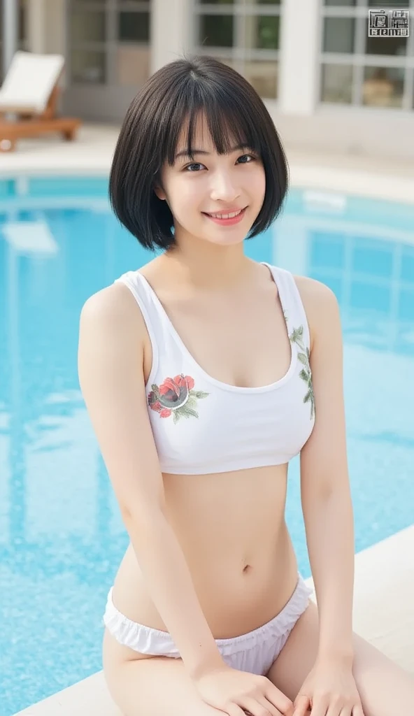 ((highest quality)), ((masterpiece)), (detailed),naked、(Panties are a little visible),Upper body in underwear、(Upper body in underwear小さい胸) ,Perfect Face,pretty girl、short hair、Black Hair、Japanese idol girls,10 years old,smile、Embarrassed face,Place your arms behind your backに引く、whole body(Draw the upper thigh)、Pool ,Place your arms behind your back