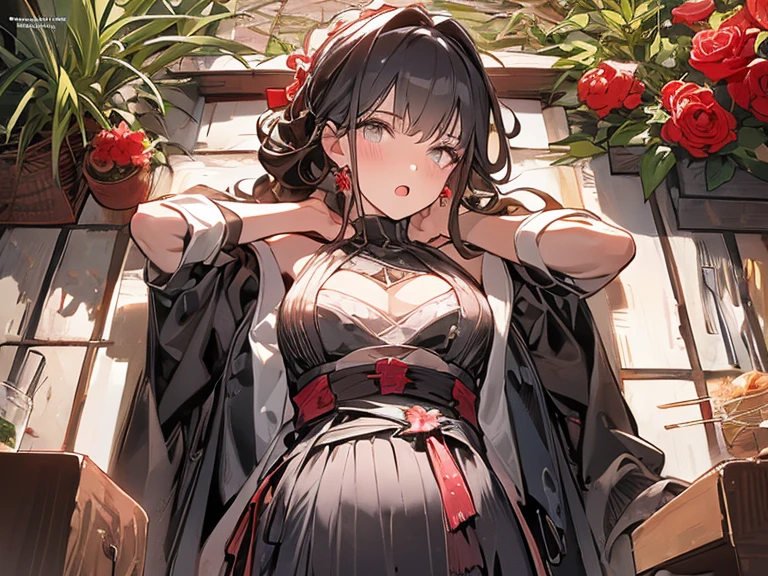 tmasterpiece, high high quality, 1girll, red eyes, 年轻, whaite hair, long whitr hair, Porcelain dress, Sat down, adolable, Sexy pose, Playful, inside in room, illustration, Vivi color,Be red in the face,drunk,walnut