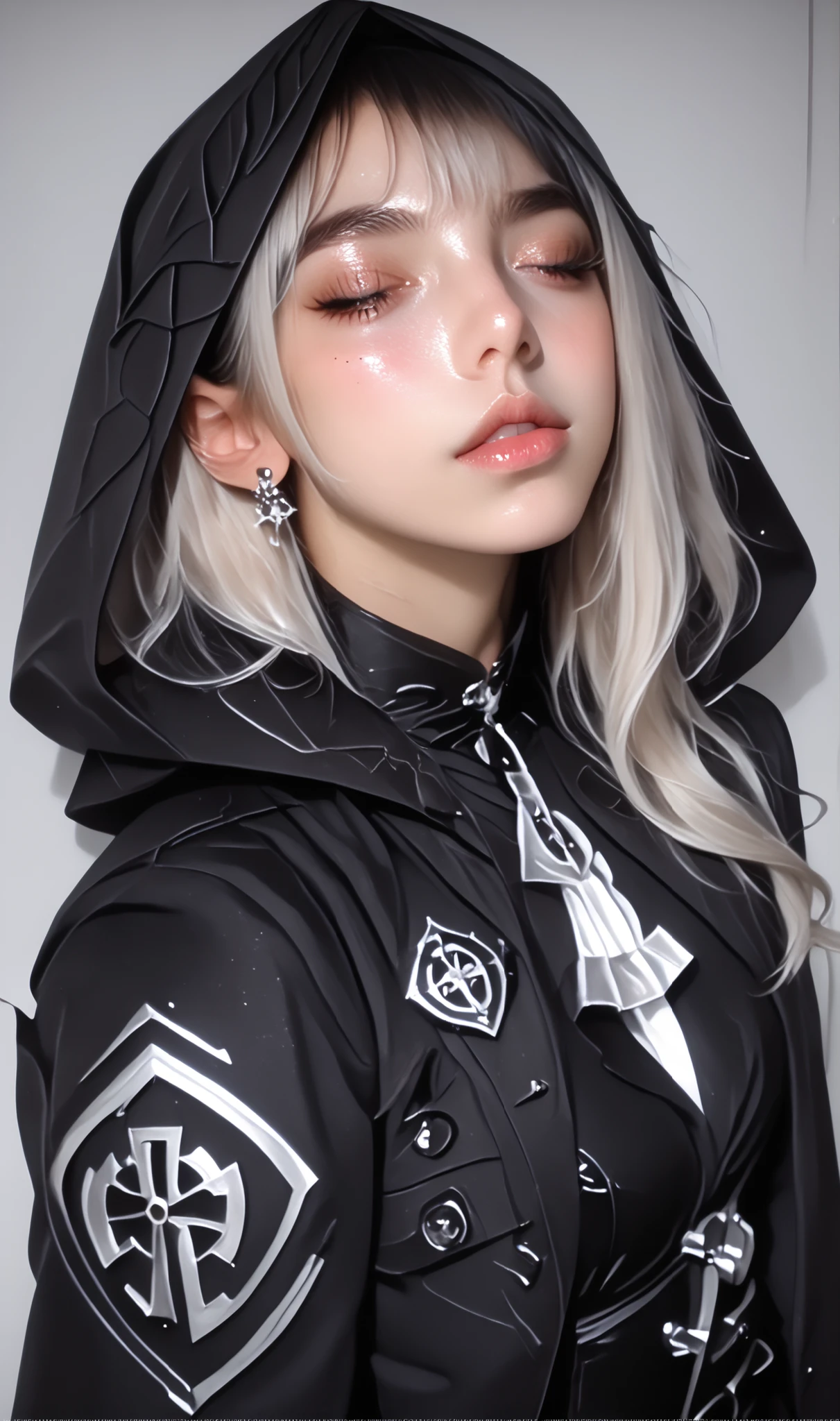((masterpiece, highest quality, Highest image quality, High resolution, photorealistic, Raw photo, Extremely detailed CG unified 8k wallpaper)), 1girl, solo, beautiful woman, 40yo, realistic skin texture, shiny skin, Millitary Barrack, Gothic magical girl uniform with corset-style blazer, silver trim, and enchanted runes embroidered on the sleeves uniform, gothic, magical school, corset, enchanted, fantasy fashion, dark academia, super precise, Movie Lighting, Ultra Realistic Textures, space station observation deck, on the, Hyūga_Hinata's/Boruto, Dark Blue Hair, Long Hair, Pale White Pupiless Eyes, Millitary Wizard Insignia.