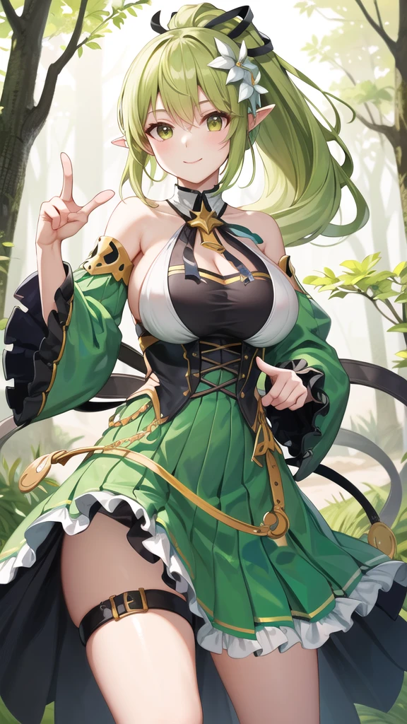 tiny girl,Colossal tits,Smile with open mouth,short green hair,magical girl costume,hair adornments,Heterochromia,Blue and green eyes,Top image quality,Best Quality