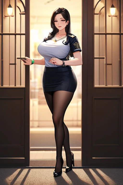 Office, desk, computer screen,( large window), city view, ((upper body)),((2 girls)),(walking ),((side by side)),((one girl face forward)),((other girl from behind)), bun,Shy smile,black business suit with wide open collar, black collar, ((huge breast:1.4)),((Half the areola is exposed at the neckline)),((The front neckline is wide open)),arms turned back behind back, hands behind her back in an anti-prayer posture, Wrists tied together by a bracelet, the middle of the wrist hung by a chain behind the neck collar, small waist, great hips, black miniskirt,