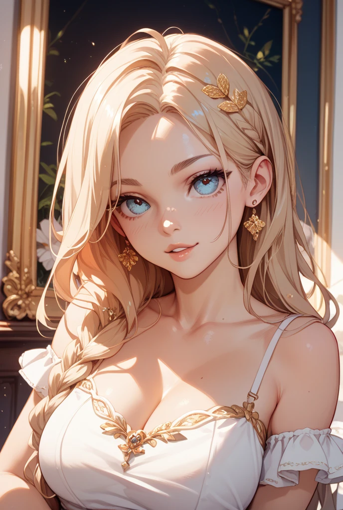 best quality, masterpiece, high resolution, Female((30-years old)), hair((Wavy, Golden brown)), Eyes((smart Eyes, Green)), sexy Clothes((New York Fashion Week, light gray)), Smiling, Breast Out, Ponytail, Accessories, bare shoulder, hoop earrings, jewelry,covered nipples