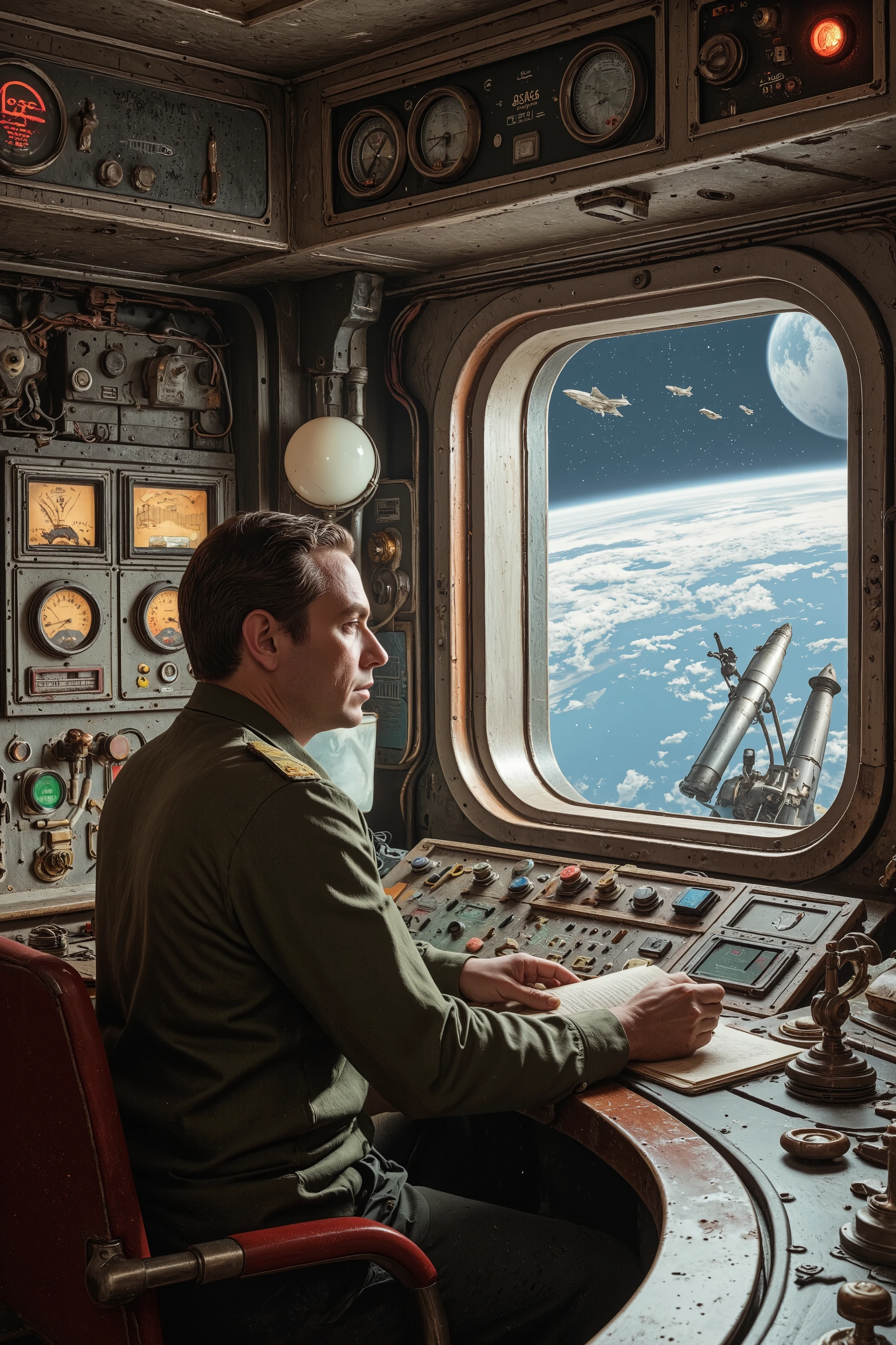 Commander of the Soviet Space Fleet,
Soviet_Era_AHS,
Soviet industrial design,
In the year 2300, a super-large Soviet space battleship entered satellite orbit,
The space battleship follows the design of the Soyuz rocket,
A cool publicity photo of the Soviet Space Forces showing the fleet commander on the bridge of the fleet flagship,
where he can see his fellow ships through a small window,
filled with various meters, switches and valves,