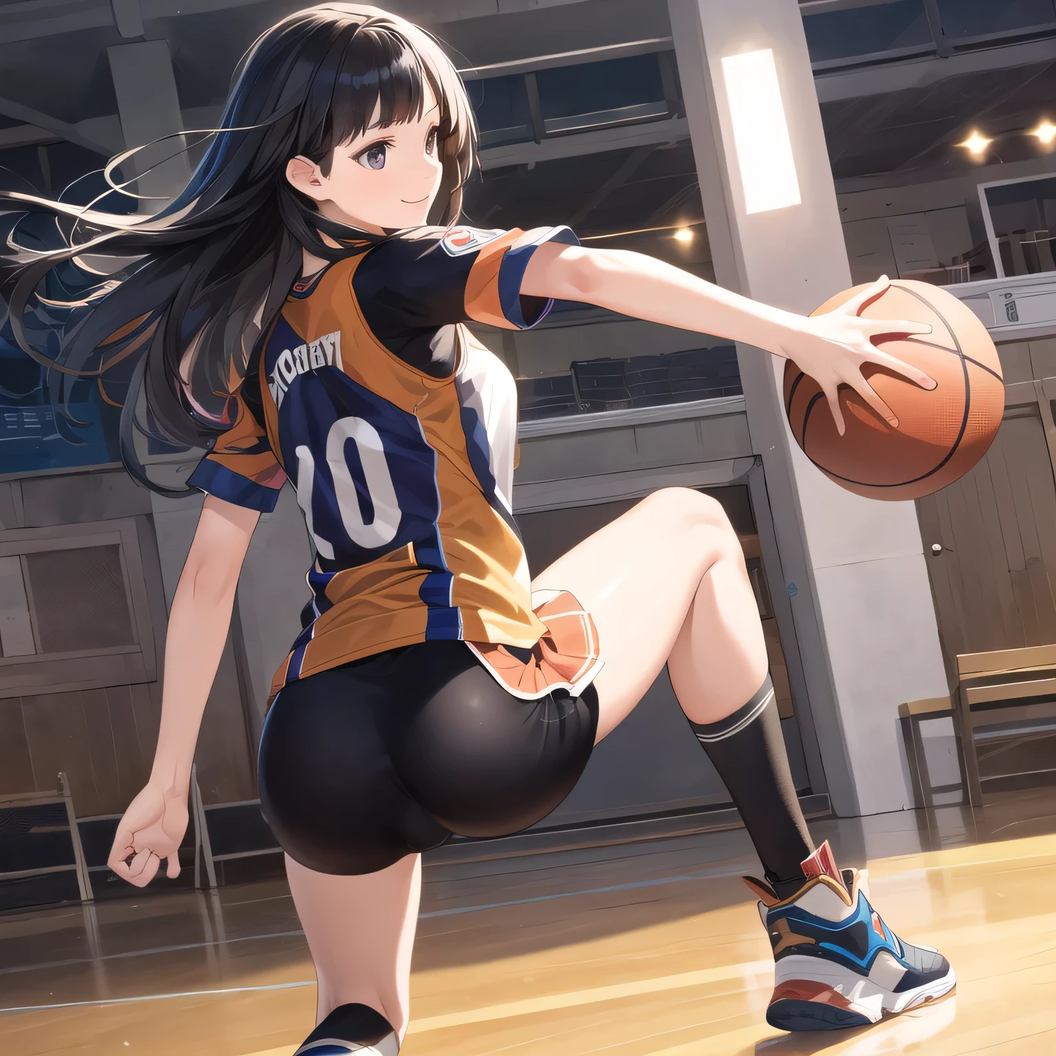 A young female basketball player executes a dynamic jump shot with precision and grace. She holds the basketball firmly in both hands, her form exuding confidence and skill. Her slim-fit uniform highlights her athletic build, while black high socks and matching sneakers create a sleek, modern look. Her neatly braided black hair arcs through the air as she leaps, her intense black eyes fixed on the goal. The polished wooden floor of the brightly lit gymnasium reflects the action, emphasizing the energy and competitive spirit of the moment.A 20-year-old woman smiles gently, friendly. (RAW photos, top quality), (realistic, photo-realistic:1.4), masterpiece, extremely delicate and beautiful, highly detailed, 2k wallpaper, ultra-detailed CG unity 8k wallpaper, ultra detail, high res, soft light, beautifully detailed girl looking back, extremely detailed eyes and face, beautifully detailed nose, cinematic lighting, perfect anatomy, slender body. dark hair, long hair, honey colored eyes.