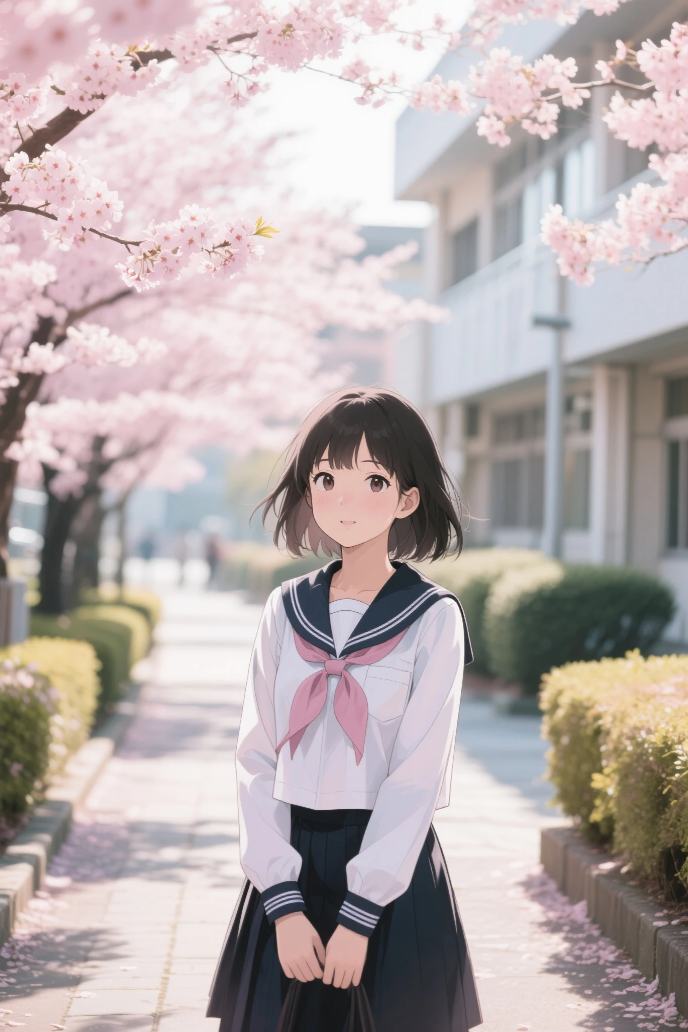 An Asian female student wearing a traditional Japanese sailor uniform,The background is a campus path with cherry blossoms in full bloom,The sun shines on her body through the leaves