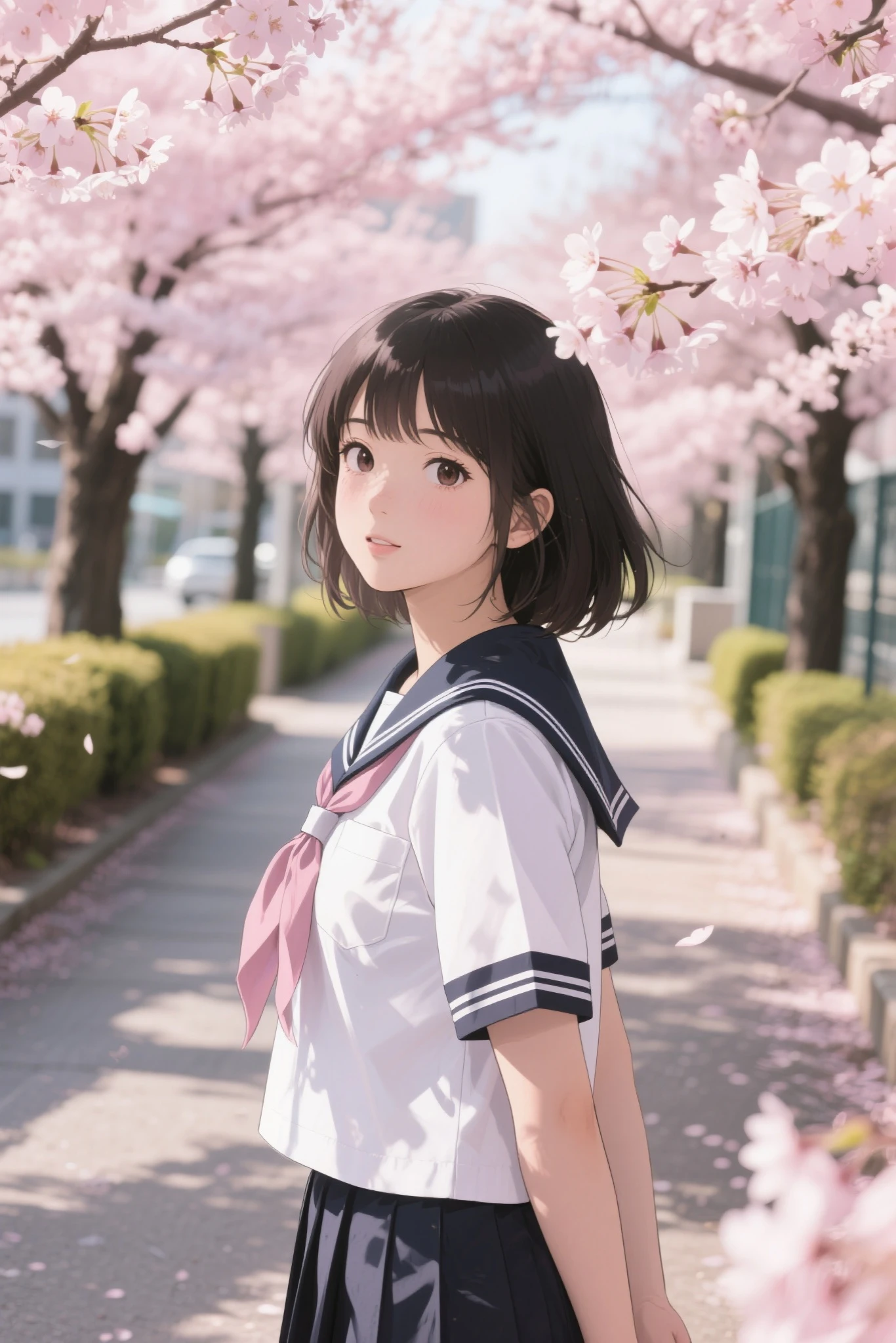 An Asian female student wearing a traditional Japanese sailor uniform,The background is a campus path with cherry blossoms in full bloom,The sun shines on her body through the leaves