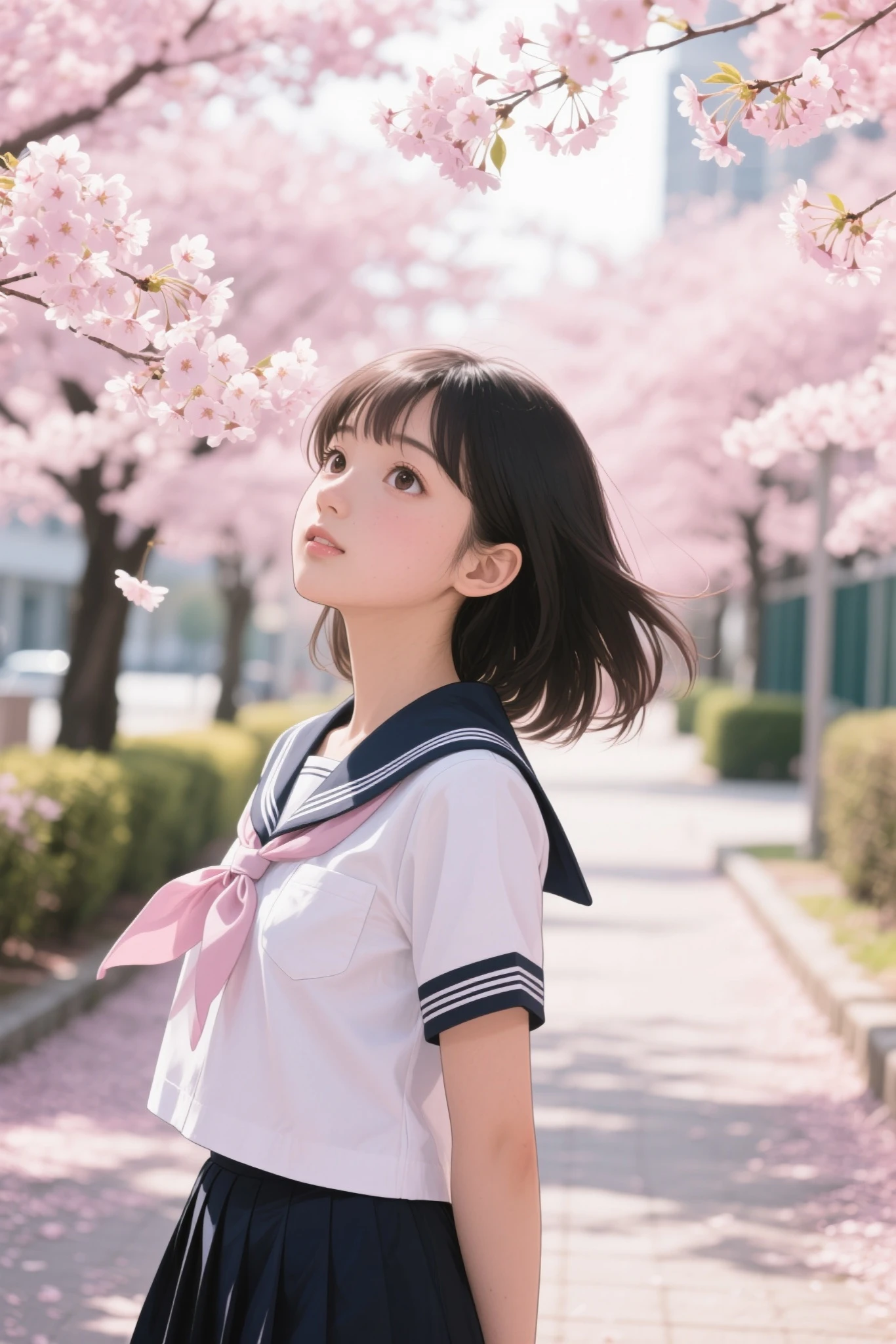 An Asian female student wearing a traditional Japanese sailor uniform,The background is a campus path with cherry blossoms in full bloom,The sun shines on her body through the leaves