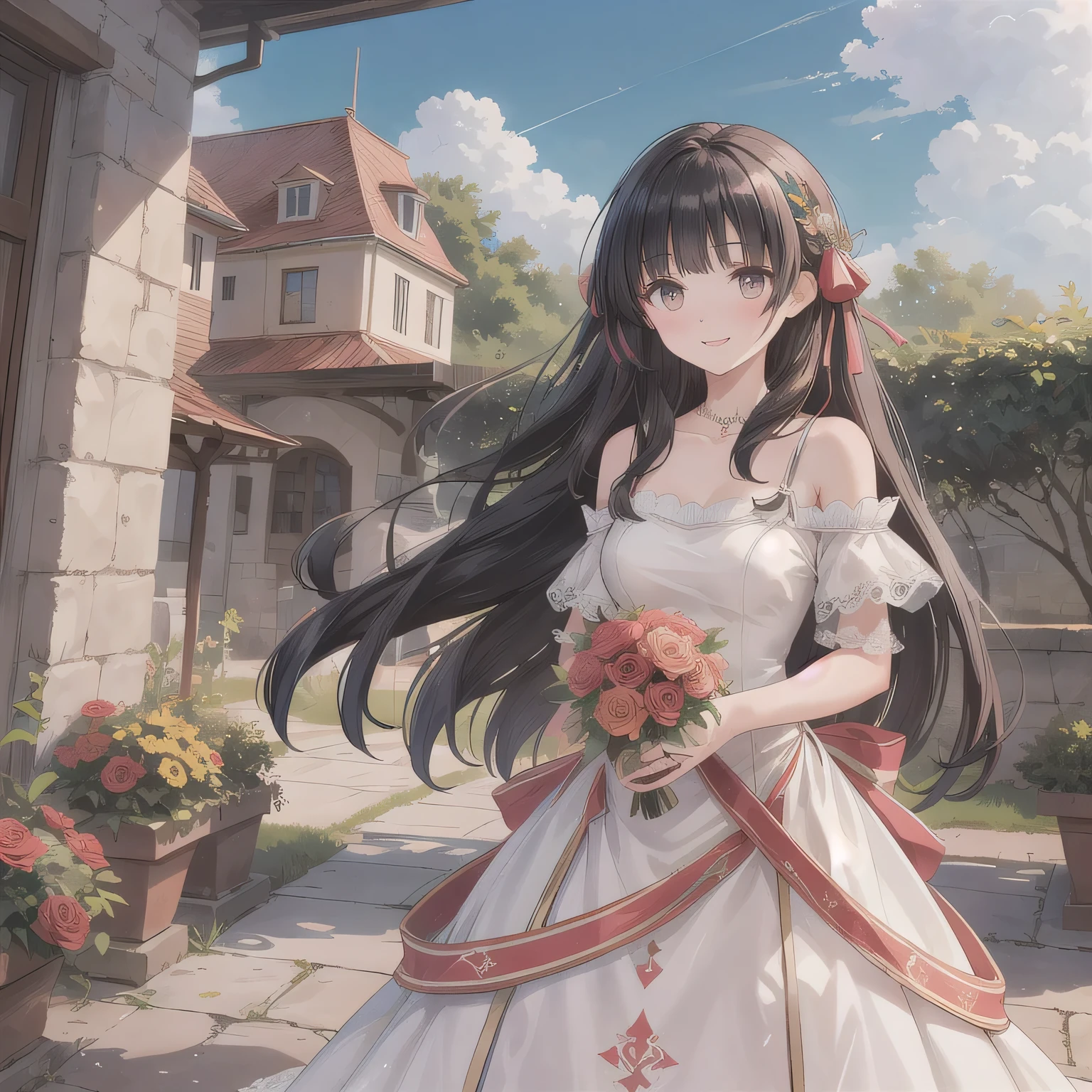 A breathtakingly beautiful 20-year-old woman stands in the courtyard of a luxurious mansion beneath a clear blue sky. She wears a white and blue wedding dress, holding a red bouquet gracefully in front of her chest. Her radiant smile and joyful expression exude pure happiness. dark hair, long hair, honey colored eyes.