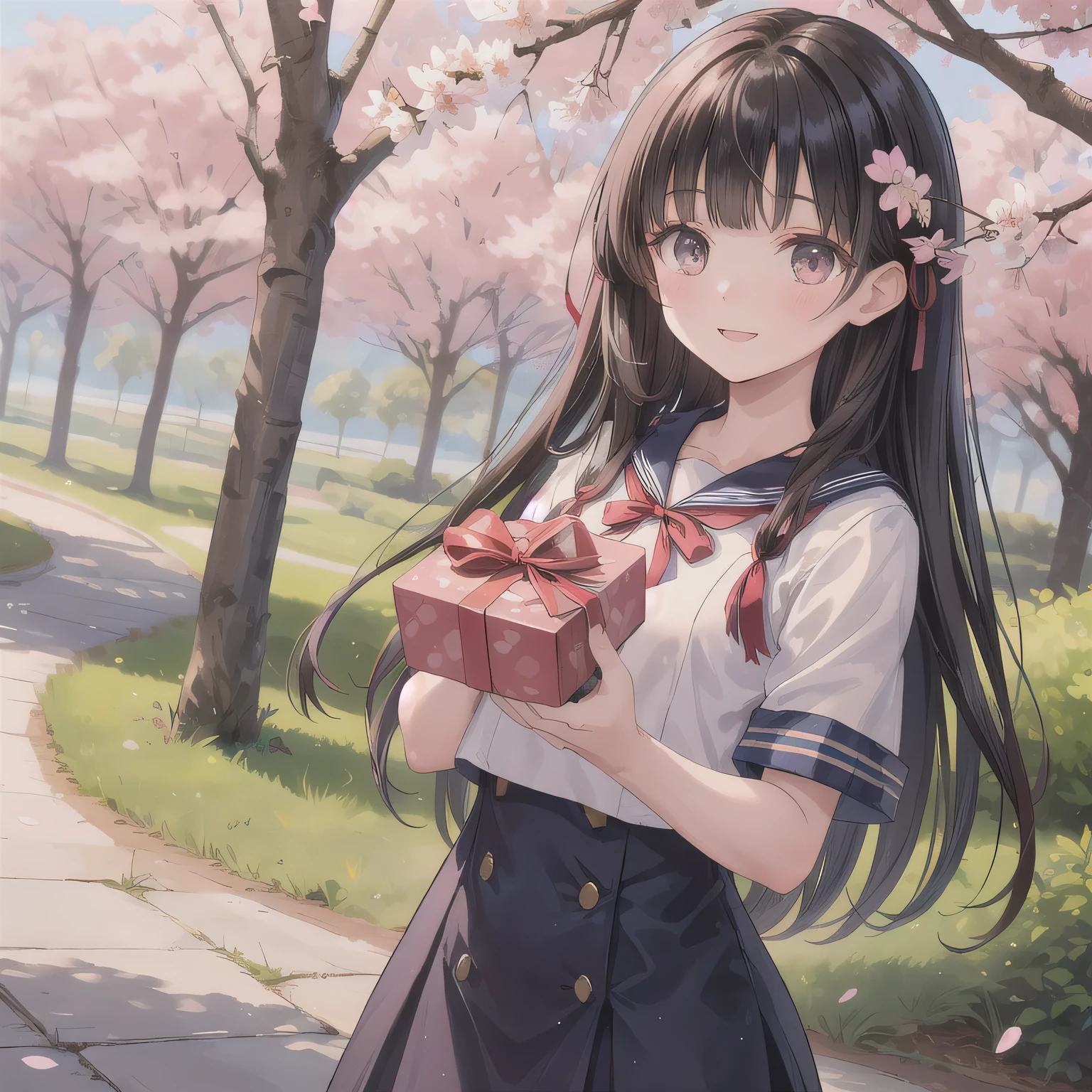 A breathtakingly beautiful 20-year-old woman stands in a lush park filled with cherry blossoms in full bloom beneath a clear blue sky. She wears a classic sailor uniform and gently holds a small, neatly wrapped gift box adorned with a red ribbon. Her radiant smile and joyful expression convey heartfelt happiness. dark hair, long hair, honey colored eyes.